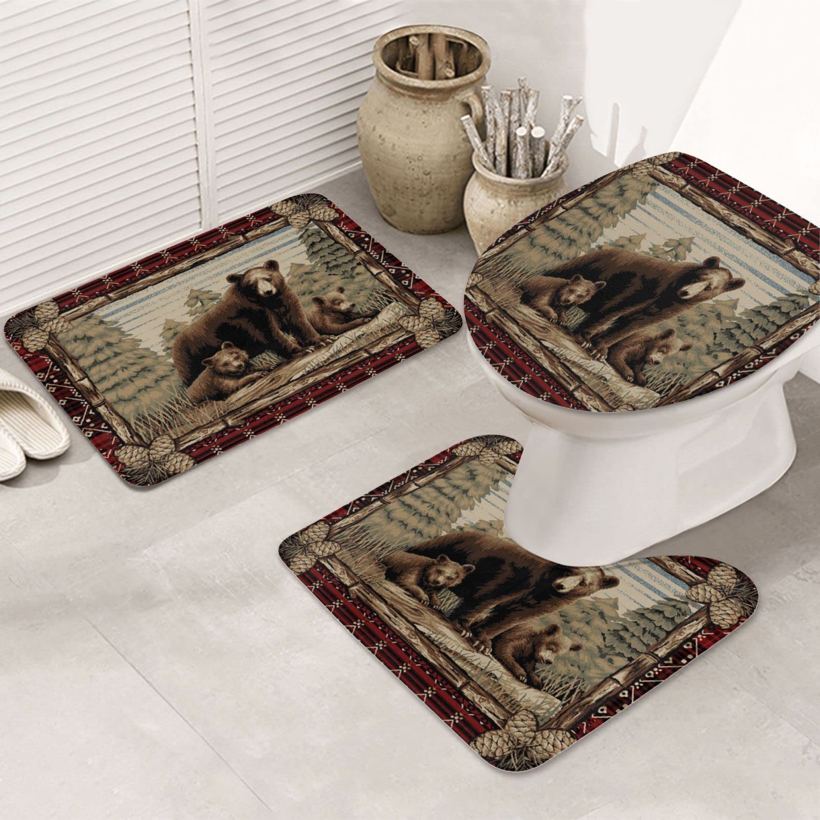 Vbcdgfg Bathroom Rug Set 3 Piece, Grizzly Bear Printed Non-Slip Bath Mat, Flannel Washable Bathroom Rug Sets, 19.7" x 31.5"