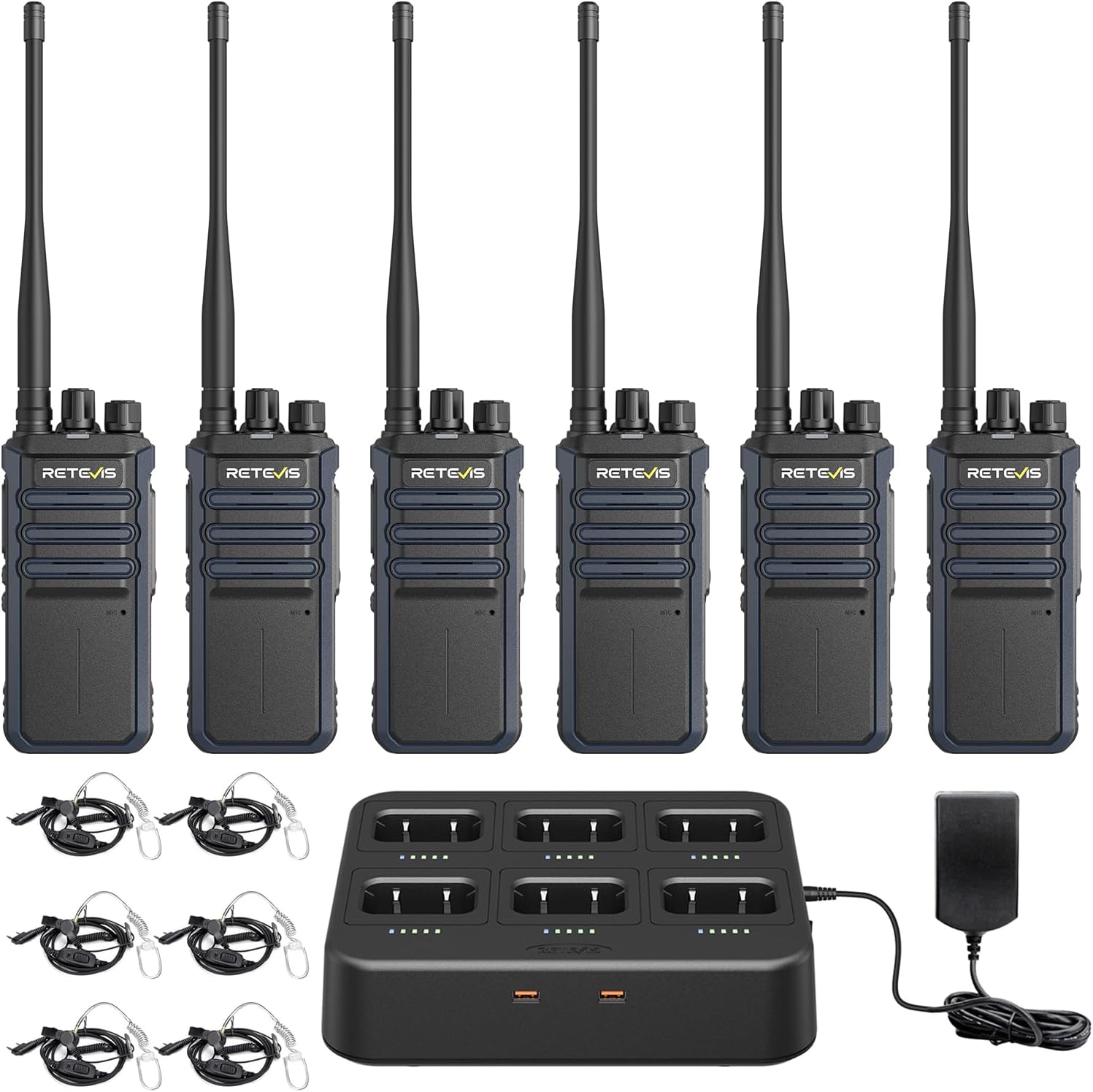 RT86A Long Range Walkie Talkies with Earpiece, High Power GMRS Two Way Radio with 6 Way Charger, Group Call, Easy Pairing, Waterproof Durable 2 Way Radio for Construction, Industry(6 Pack)