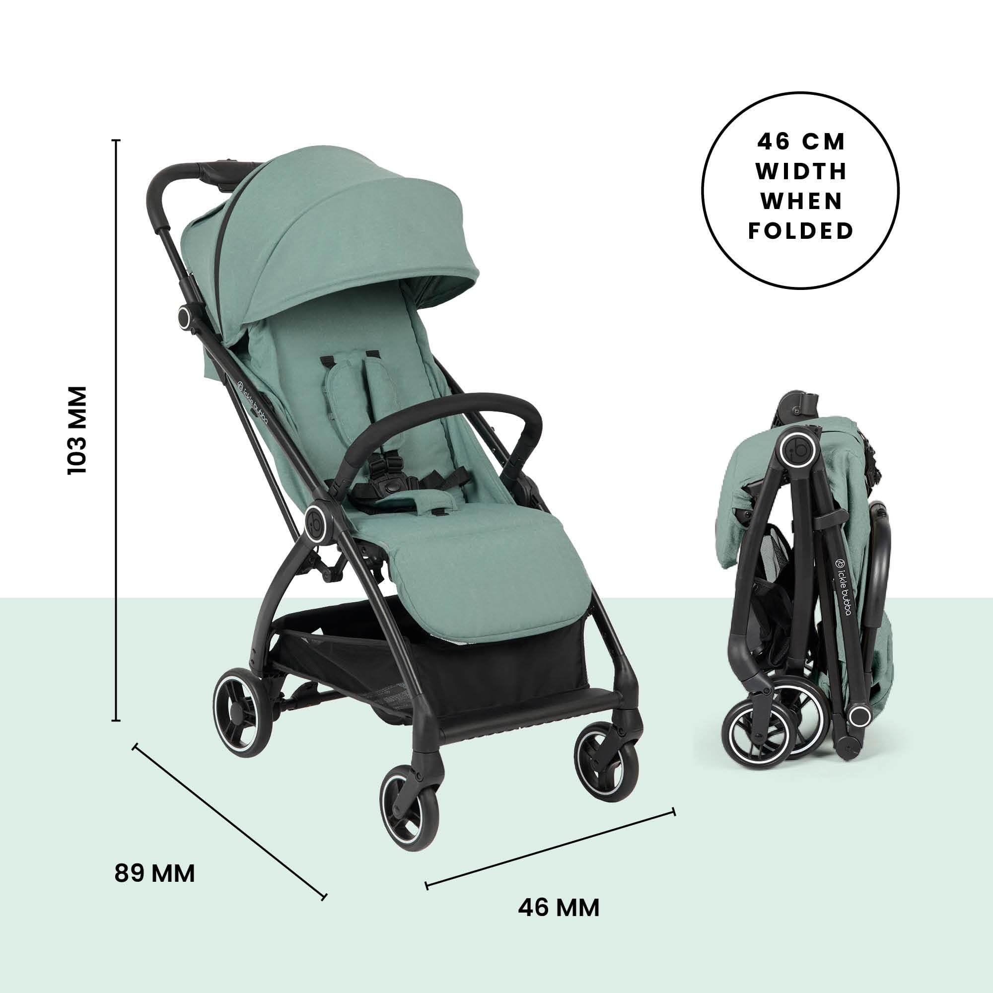 Wózek dziecięcy Ickle Bubba Aries Autofold – od urodzenia do 22 kg, lekka konstrukcja, wielopozycyjne oparcie, poręczny mechanizm automatycznego składania (Szałwiowy zielony, Najwyższy)