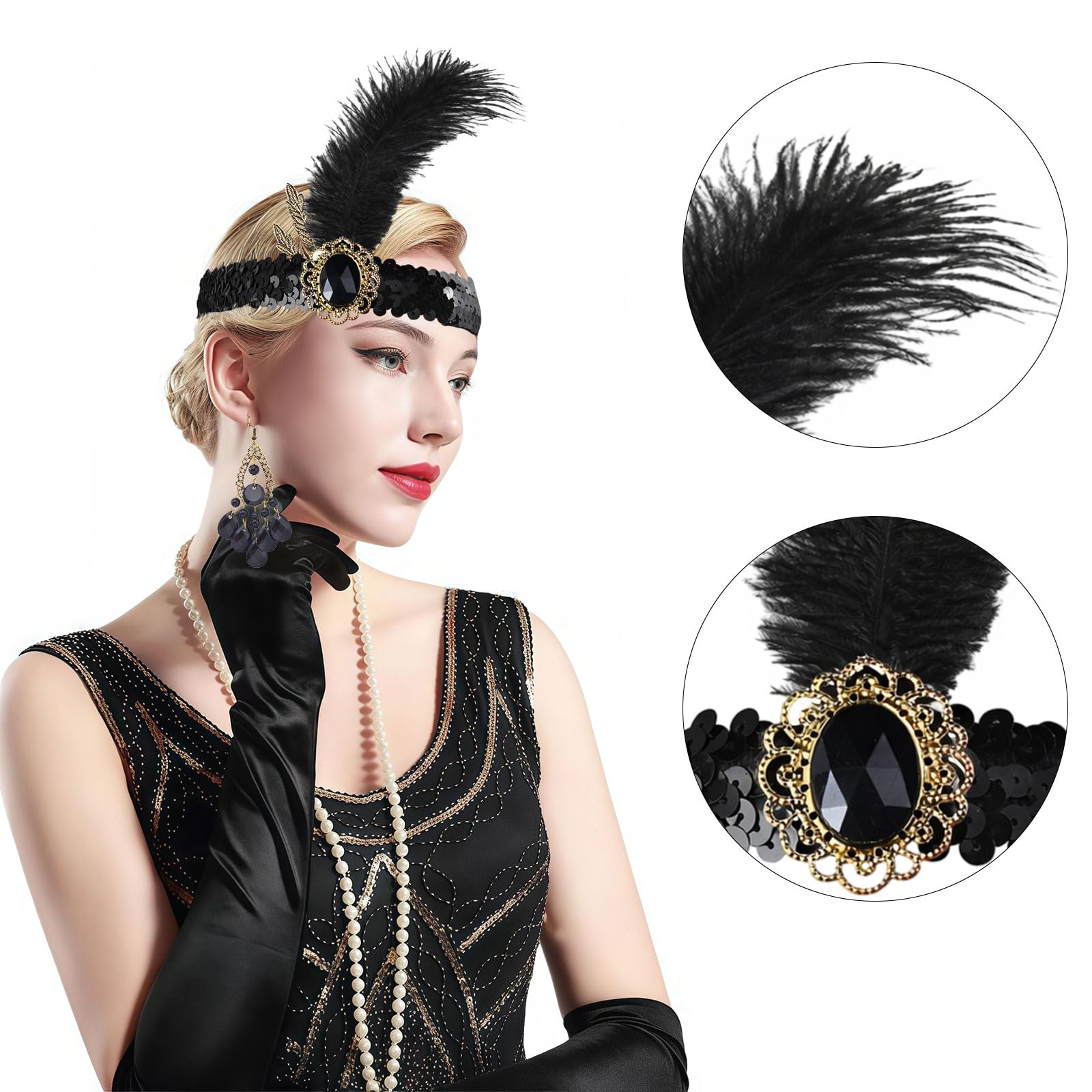AWAVM 1920s Flapper Accessories Set for Women,9 Pcs Great Gatsby Accessories Women with Shawl Sequin Headband Gloves Necklace Earrings Lace Fan Bracelet Socks for Women Ladies Party - Image 4