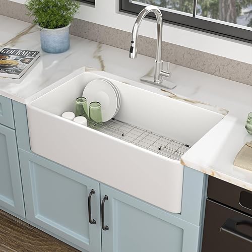 Fregadero de cocina de 33 x 18 pulgadas, color blanco, delantal plano frontal de porcelana de cerámica blanca de arcilla refractaria profunda de un