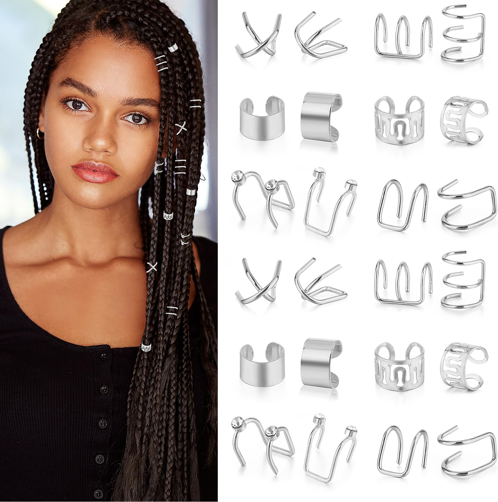 Grevosea 24 Pcs Hair Jewelry for Braids Accessories, Metal Alloy Hair Accessories for Braids Dreadlock Accessories Non-piercing Ear Clip Adjustable Cuffs Hair Charms for Women Men Styling (Silver)