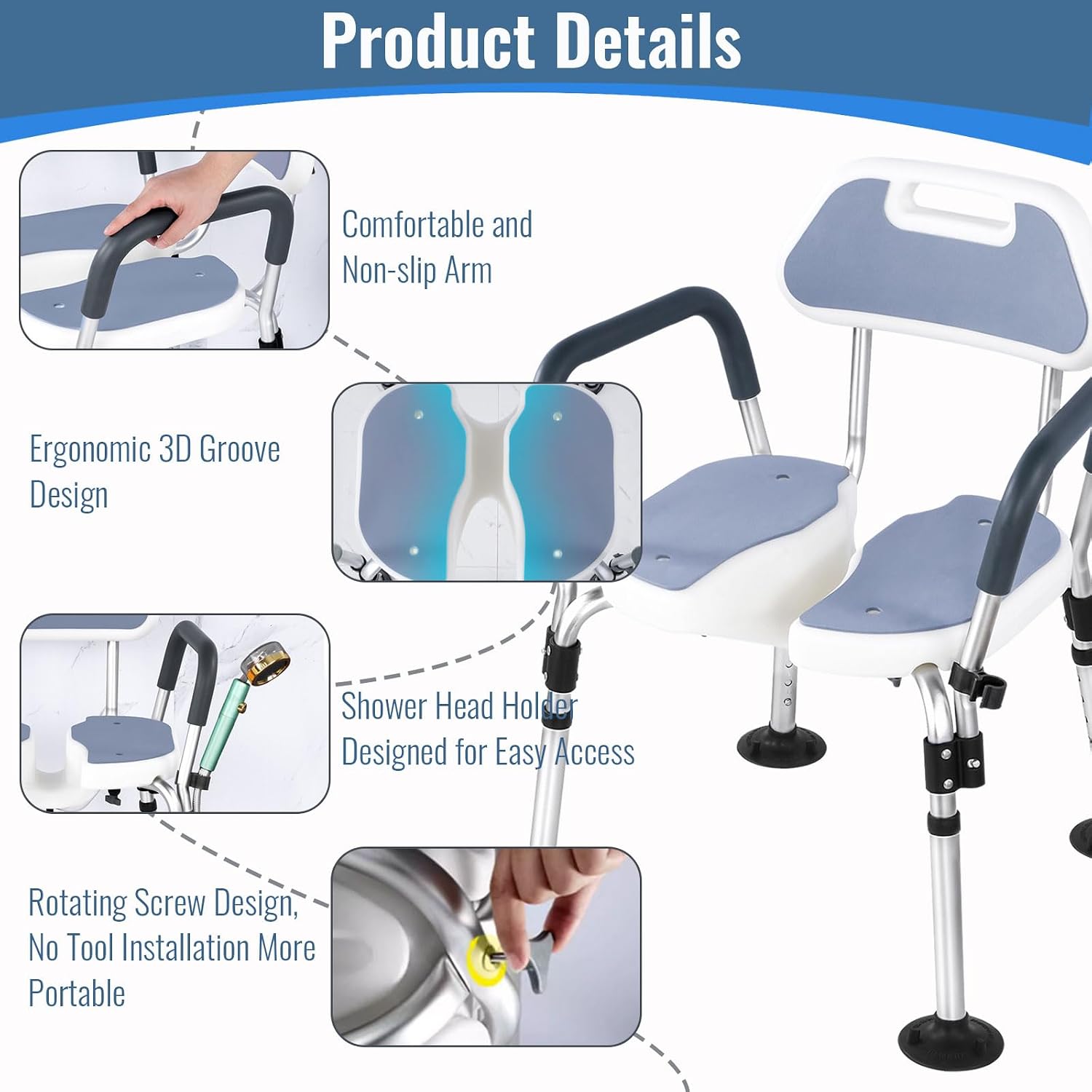U-Shaped Shower Chair with Arms and Back, Non-Slip Shower Chair for Inside Shower with 350 lb Capacity, 6-Level Adjustable Shower Chair for Elderly, Handicap, Pregnant, for Private Washing
