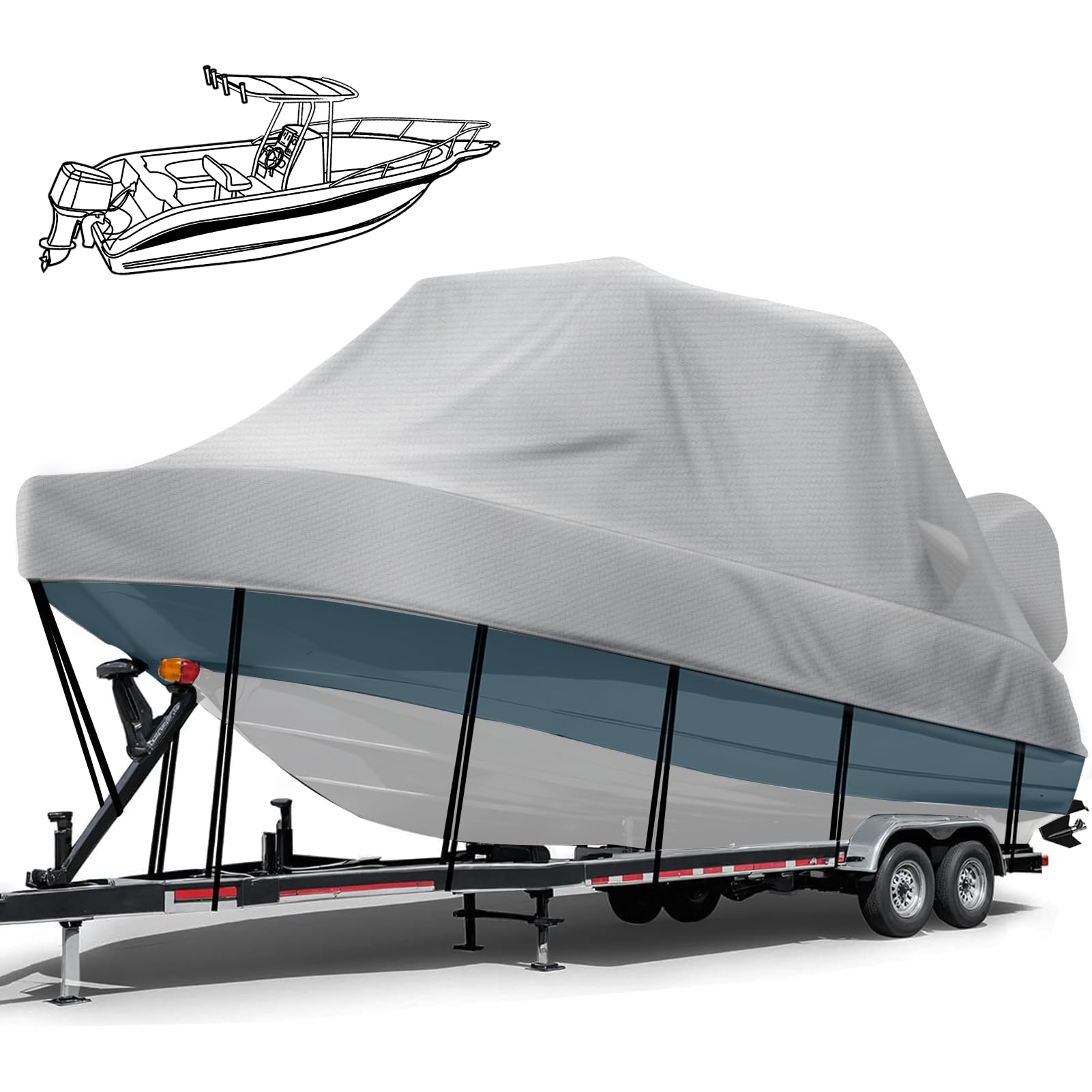 Mionovity 900D Heavy Duty T Top Boat Cover, 24-26ft Trailerable Waterproof Center Console Boat with T TOP Roof, T-Top/Hard Top Boat Cover with Motor Cover, Beam Width Up to 108