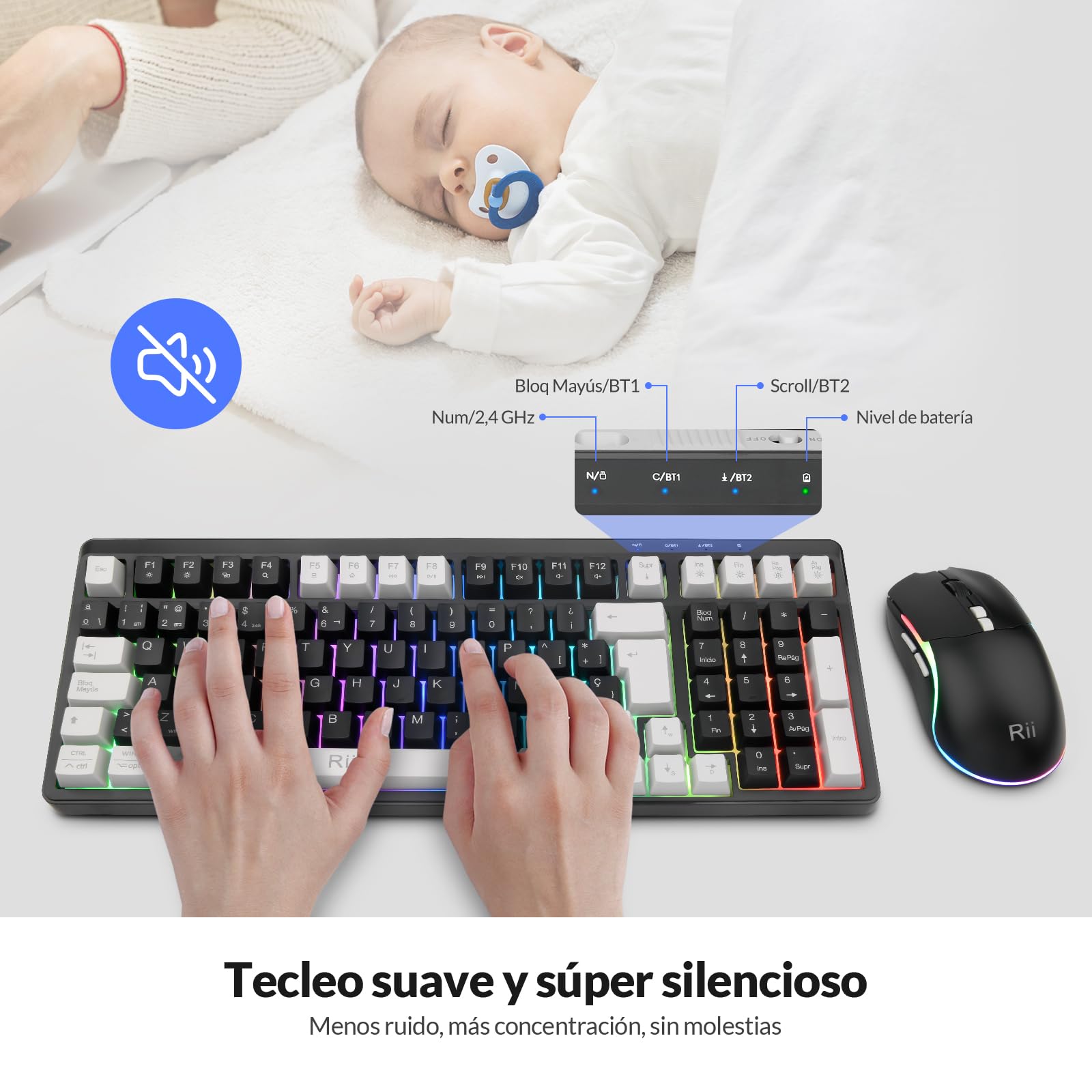 Rii RK301 Combo de Teclado y ratón Inalámbricos, Teclado y Ratón