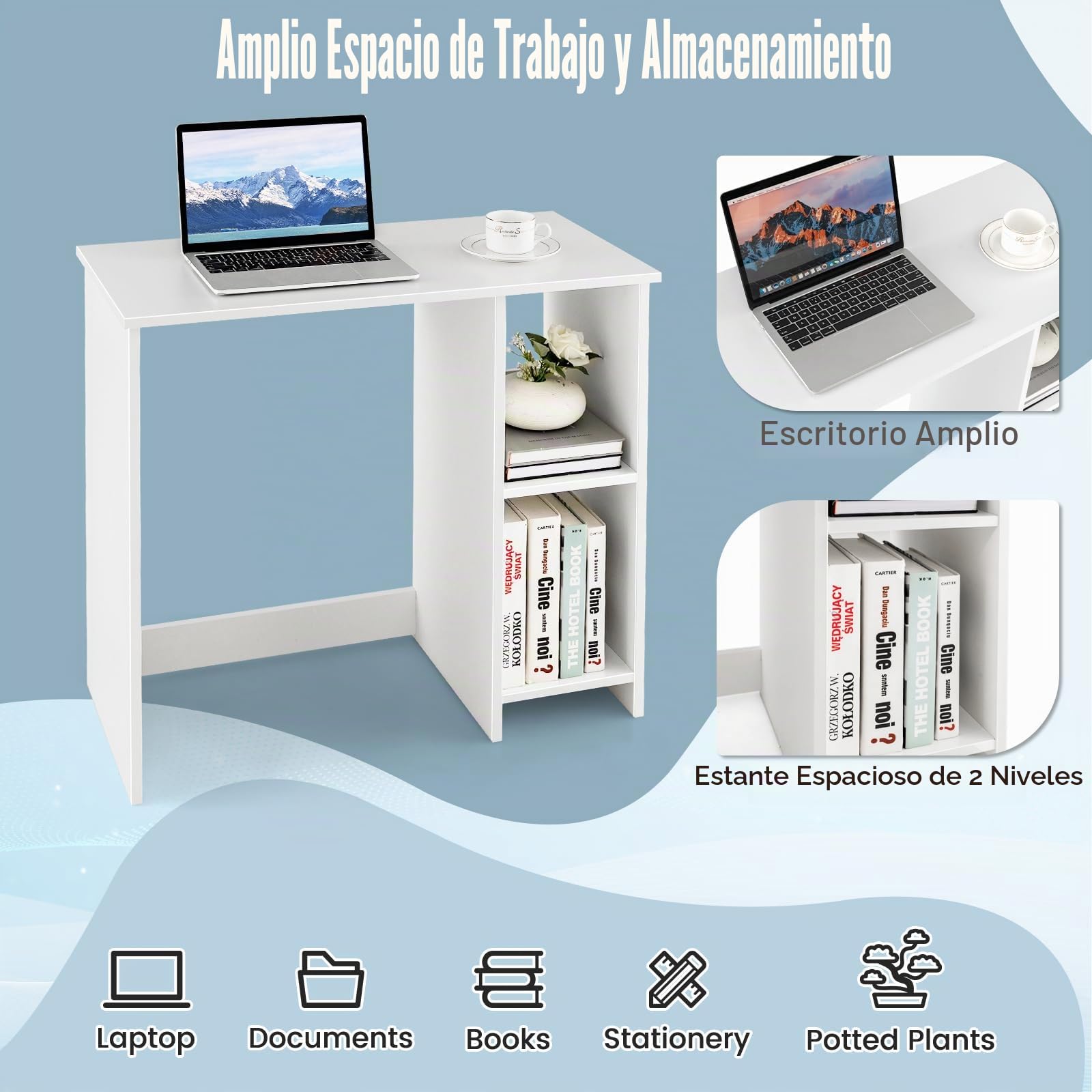 GIANTEX Escritorio de Ordenador con 2 Estantes Laterales, Mesa de Trabajo con Diseño Compacto, 80 x 40 x 74 cm, Escritorio de Madera para Oficina, Dormitorio, Estudio (Blanco)
