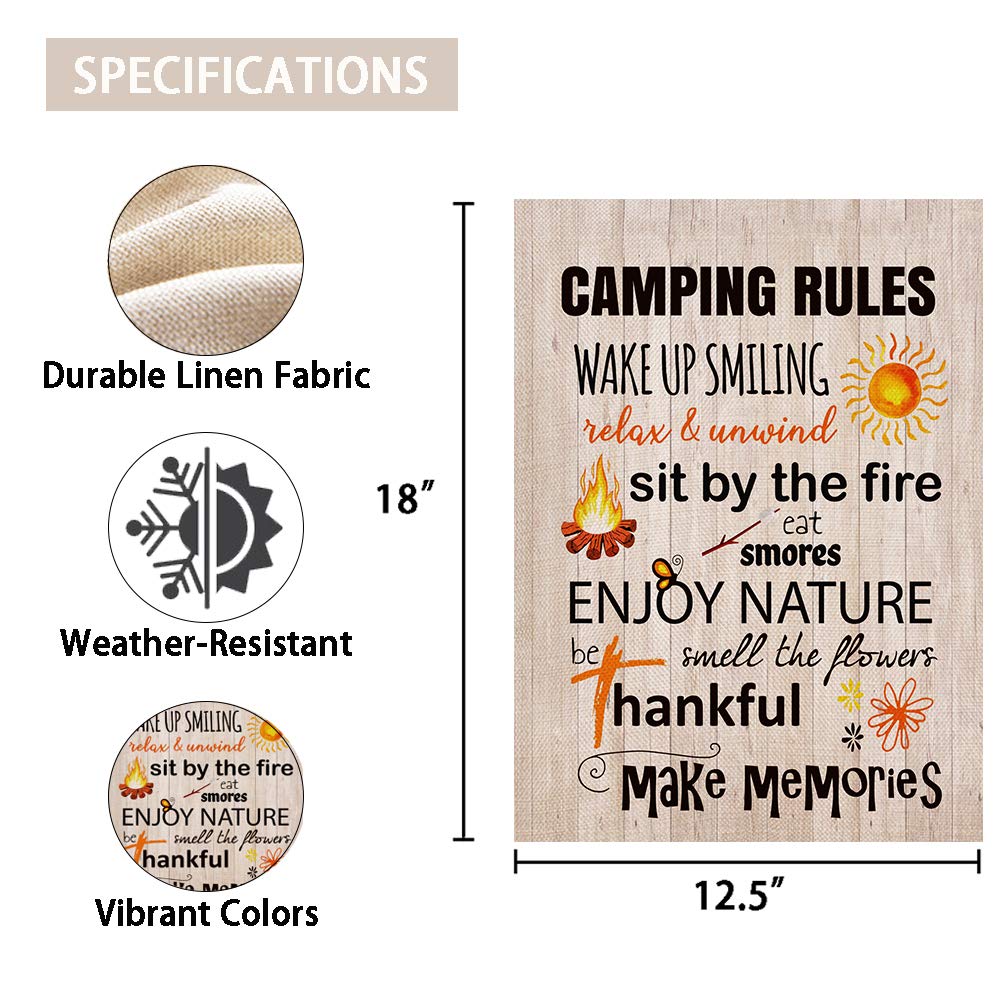 Ogiselestyle Camping Rules Gartenflagge Vertikal – Doppelseitig, Jute, 32,5x45,7 Cm, Für Garten, Terrasse, Camping