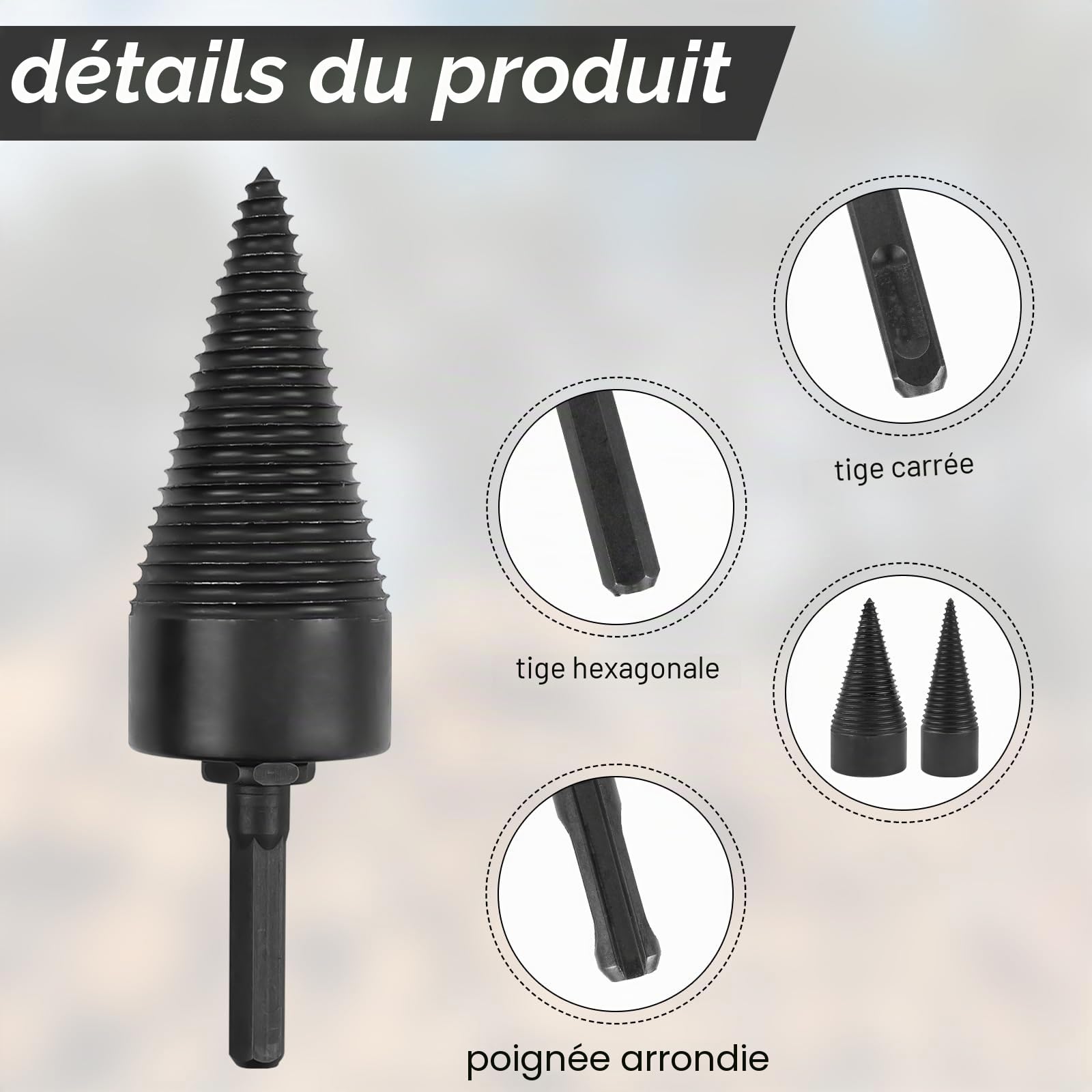 Fendeur de Bûche Cône 32mm 42mm Mèche pour Fendre le Bois Foret à Bois