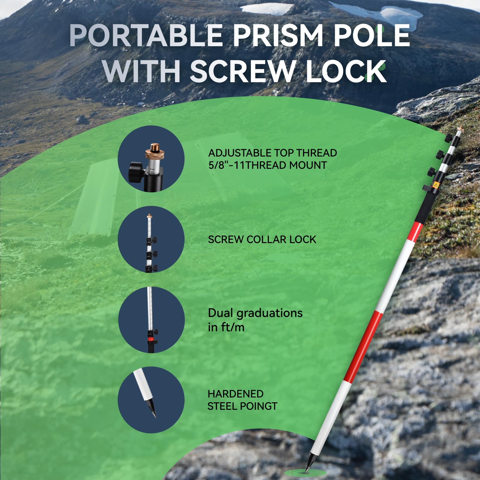 Aluminum Prism Pole - 15.25FT Survey Pole -2