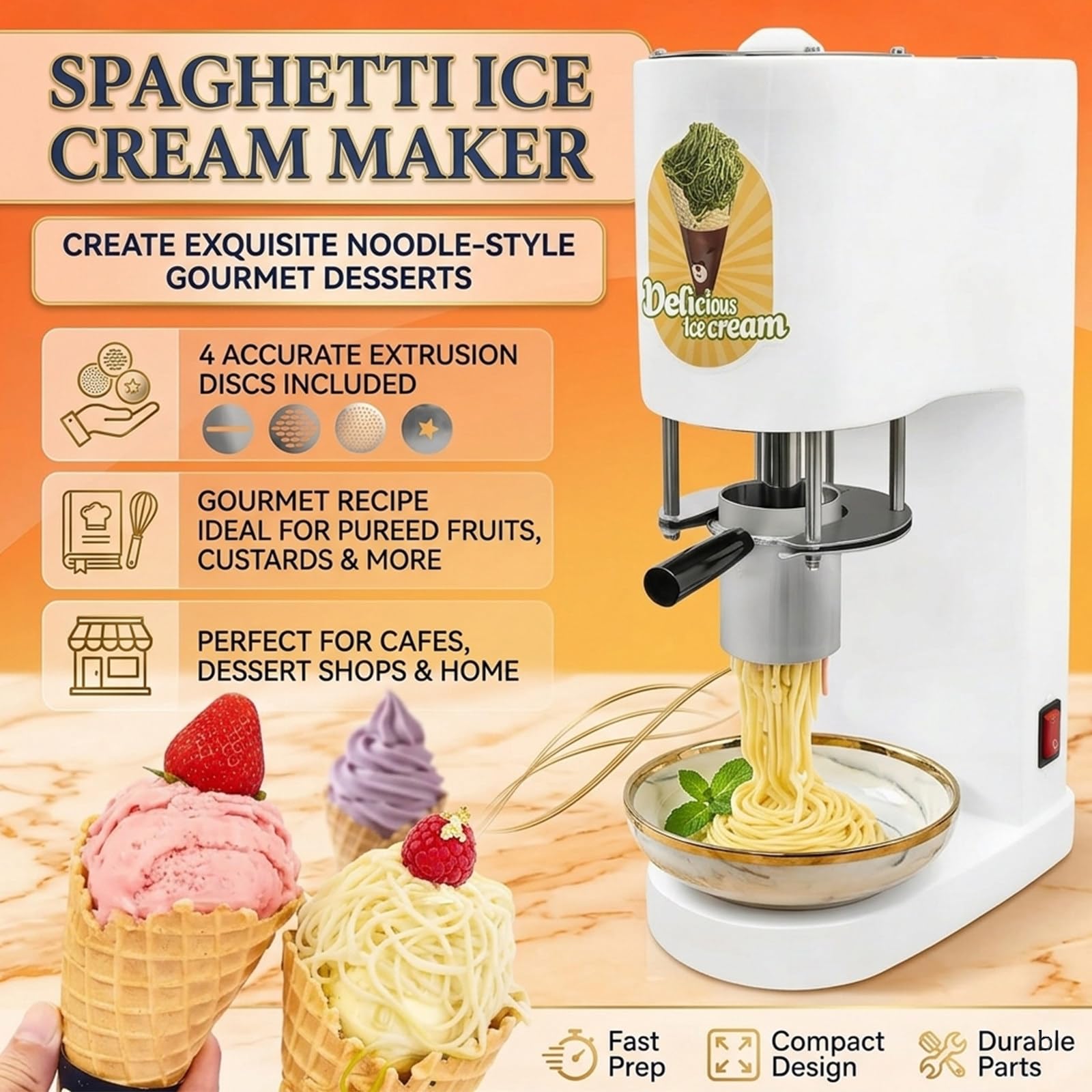 Máquina Comercial para Helado de Espagueti - Producción de 30 L/h - con 4 moldes, extrusora Profesional de Fideos de Helado White-220V