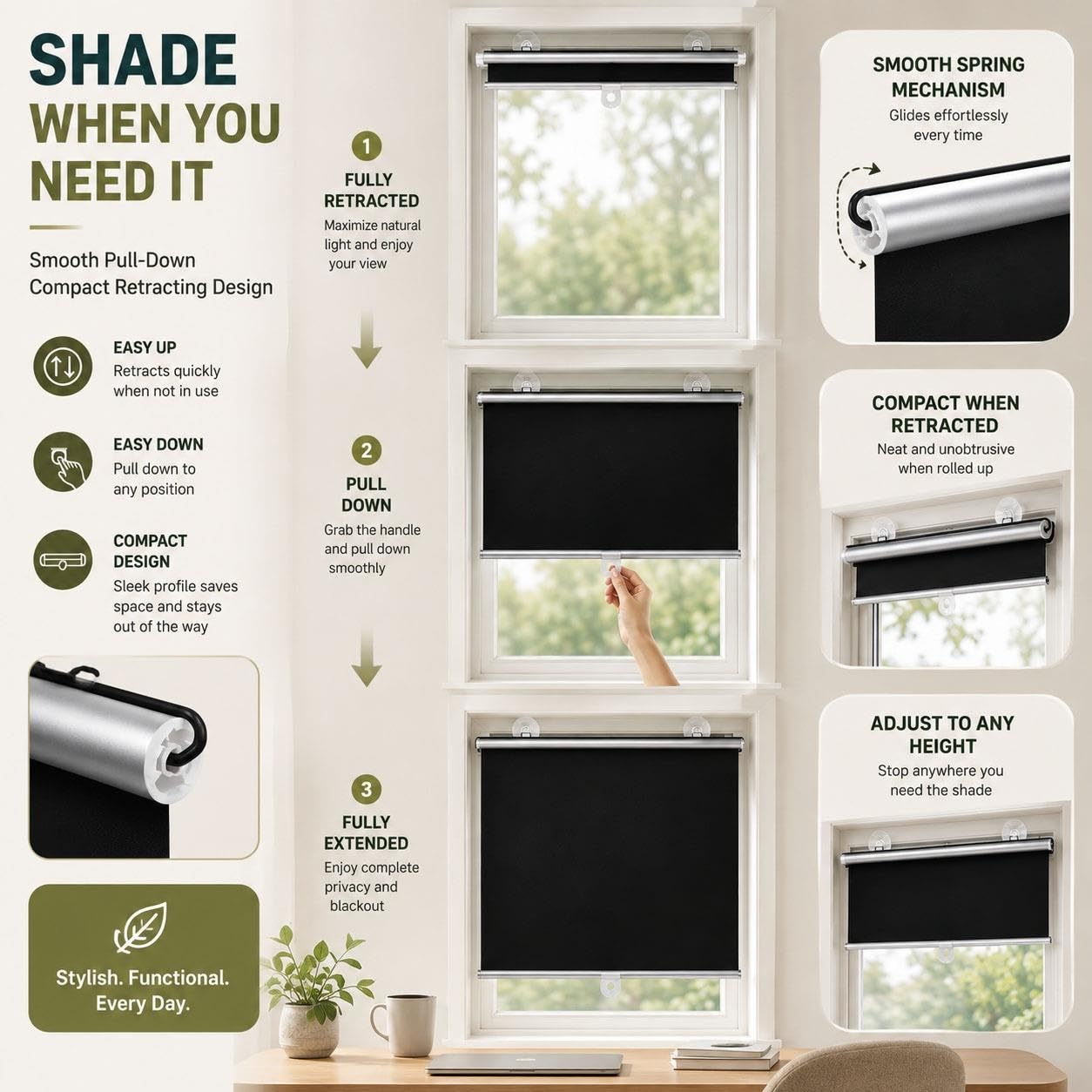 Store Enrouleur Occultant à Ventouses pour Fenêtres, Store Rétractable à Tirer sans Perçage, Protection Solaire et Intimité pour Chambre, Bureau, Cuisine, Camping-Car(W 65 x 160 cm)