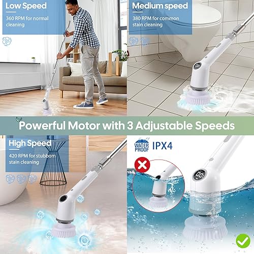 Miniatura 5 de Limpiador eléctrico giratorio, 2024 nuevo limpiador de ducha inalámbrico con 8 cabezales de cepillo reemplazables y mango de extensión ajustable de