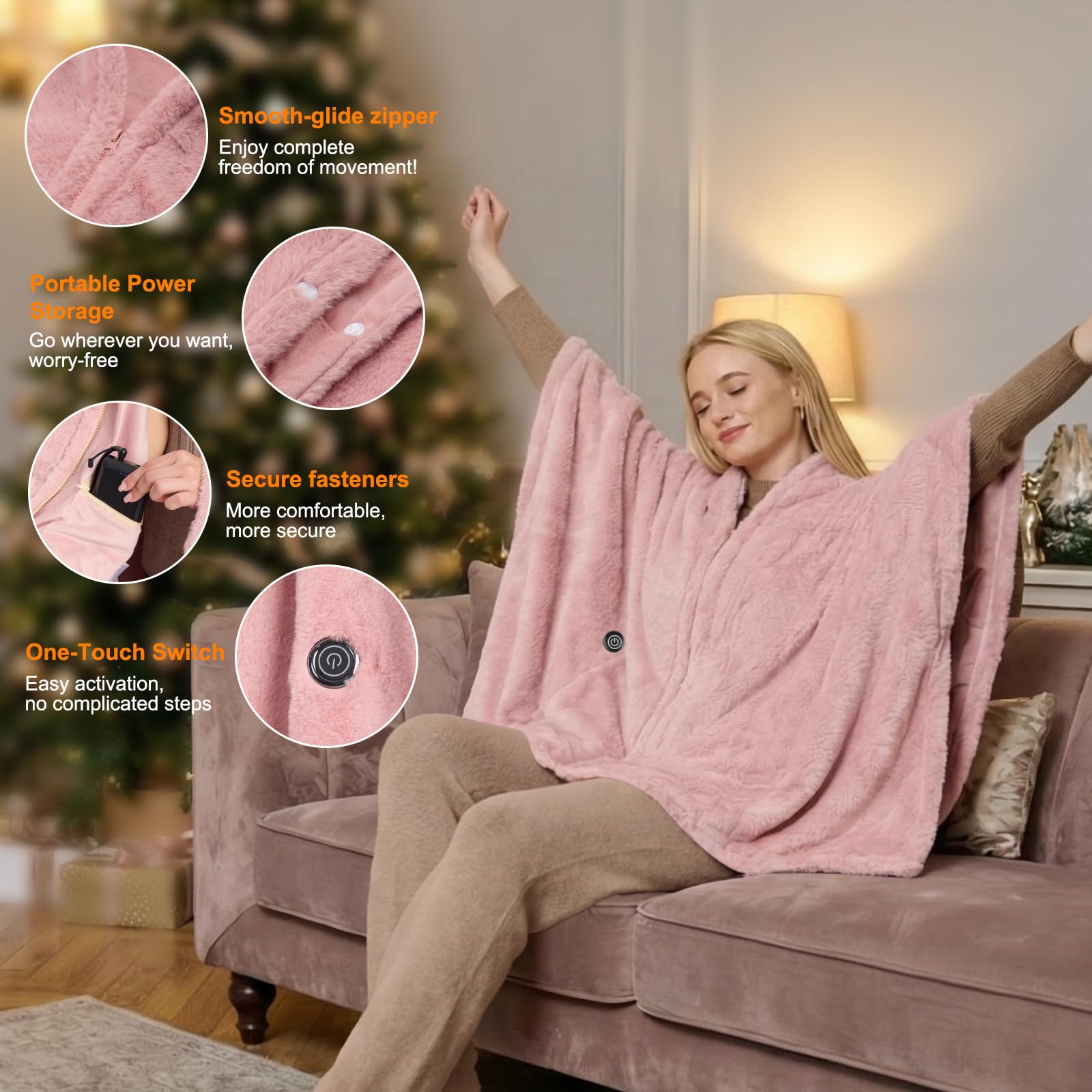 160x90cm Heizdecke Kabellos mit 16000mAh Akku, Waschbar Flanell Heizdecke zum Anziehen mit 6 Heizzonen und 3 Temperaturstufen, USB Elektrische Wärmedecke für Sofa, Büro, Reisen, Camping (Rosa)