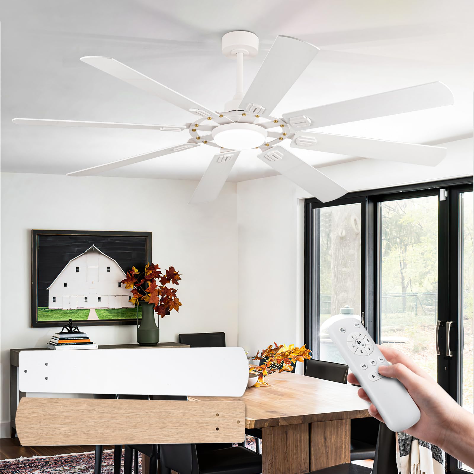 Ceiling Fans with Lights and Remote, 72 Inch Indoor/Outdoor Large 8 Blades Modern Industrial Fan Ceiling,6 Speed Reversible DC Motor, 3CCT, for Living Room/Patio/Bedroom/Large Room (White)