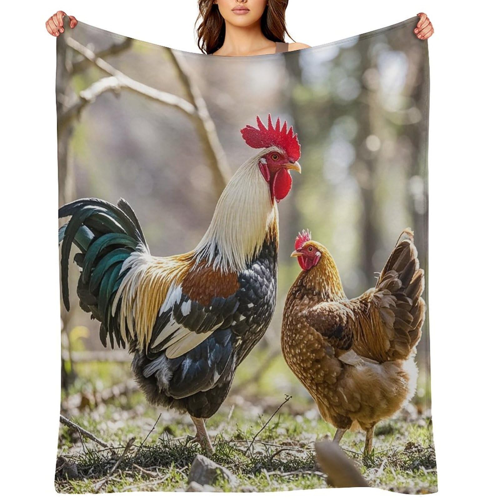 Flannel Rooster and Hen Throw Blanket for Couch Super Soft Fuzzy Cozy Flannel Blankets No Shed No Pilling FAnti-Static Winter Bed Blanket Decorative and Giftable Blankets