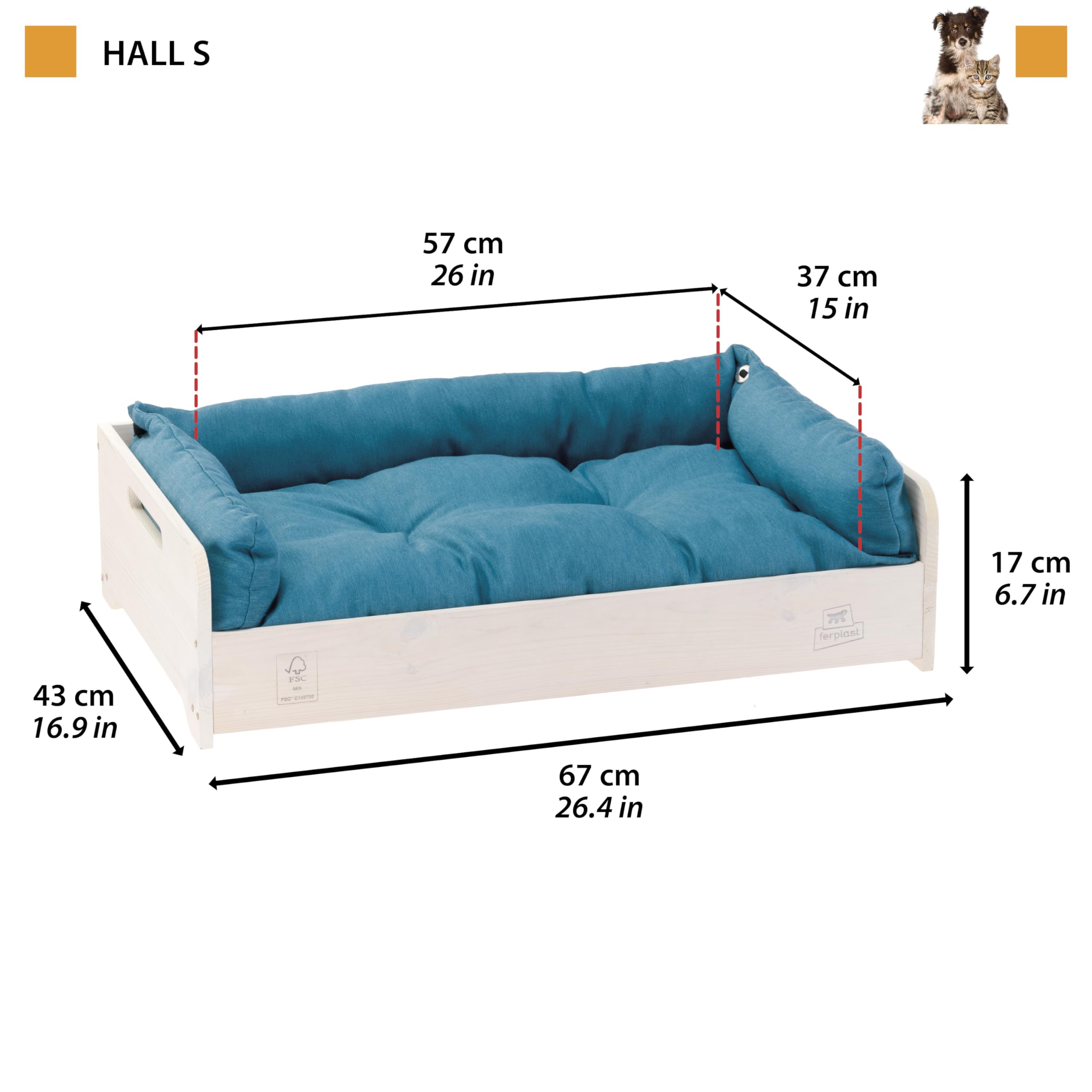 Ferplast Cuccia Cane e Gatto con Cuscino HALL, Lettino per Cani Gatti Lavabile, in Legno FSC, Cuccia per Cane da Interno, Cani Piccoli e Gatti, Traspirante e Antiscivolo, 67 x 43 x h 17 cm