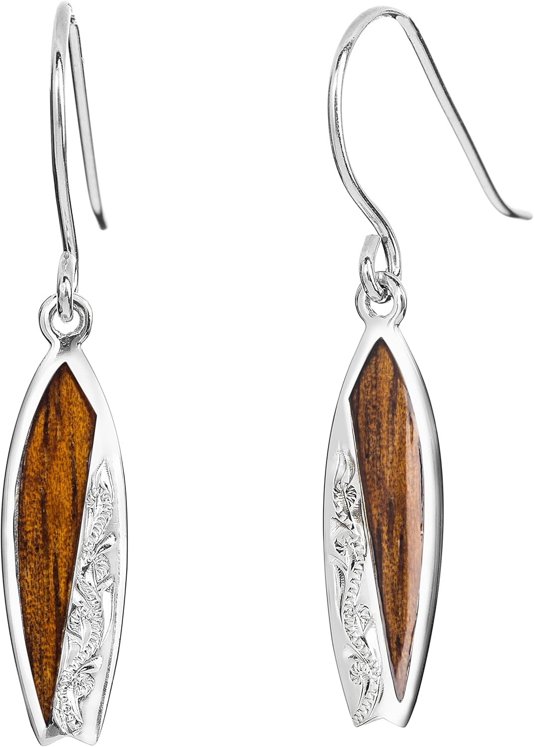 Sterling Silver Koa Wood Surfboard Dangle Hook Earrings Brown ALASURFBOARD 0