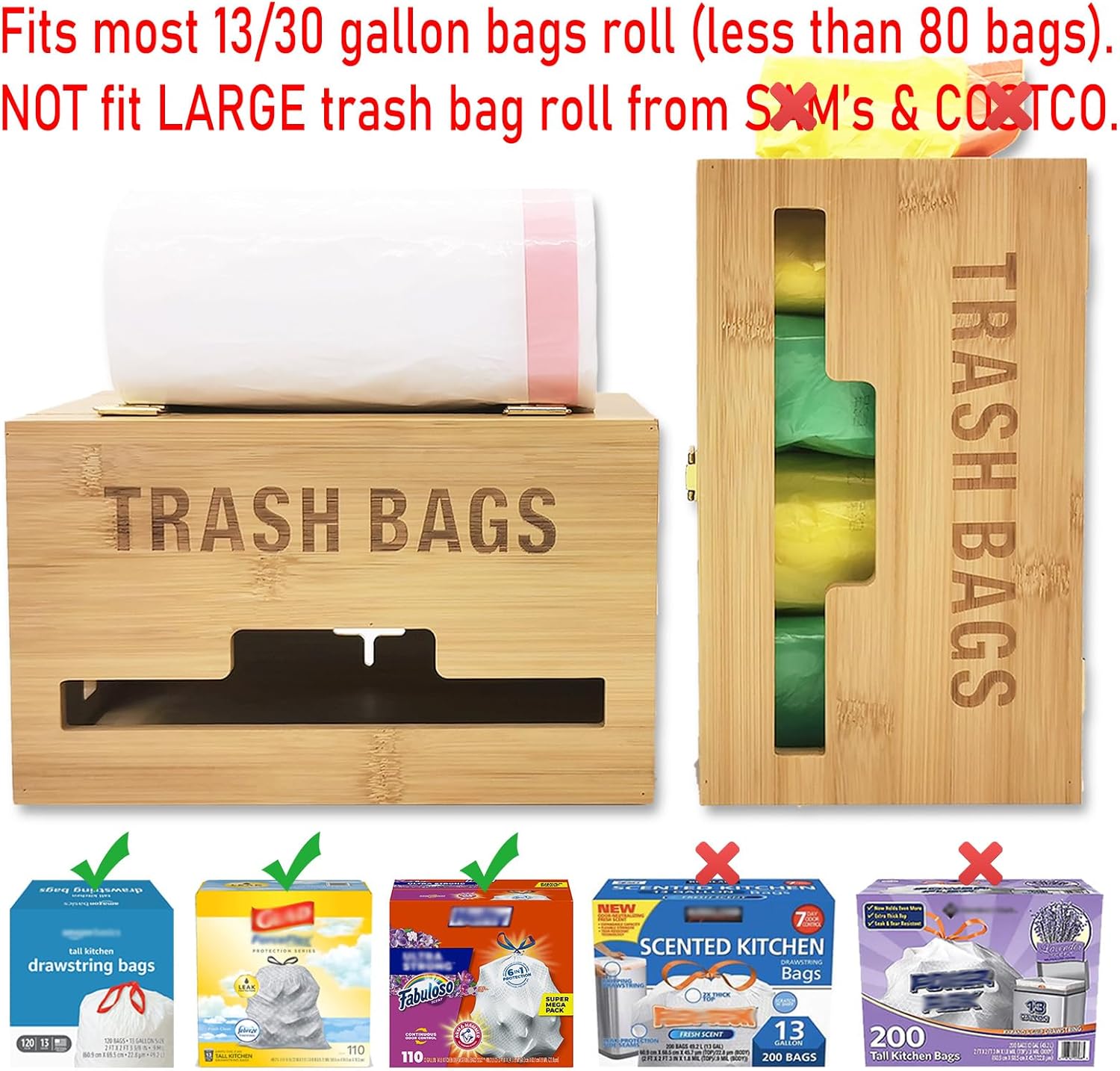 Trash Bag Dispenser with Handles, Garbage Bag Holder for Standard 13/30 Gallon Rolls Less Than 80 Bags, Kitchen Laundry Trash Bag Organizer, Wall Mounted/On Countertop/Under-Sink