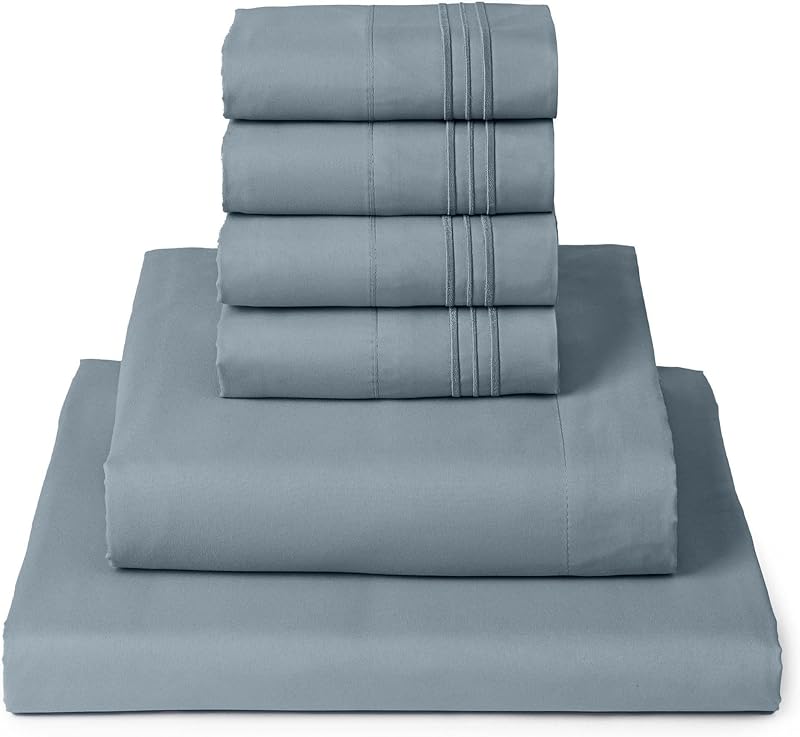Juego de sábanas Mellanni King - Ropa de cama de colección icónica de 6 piezas | Incluye 4 fundas de almohada, bolsillo de 16 pulgadas de profundidad, fácil cuidado, extra suave, sábanas refrescantes, microfibra cepillada - Azul Spa