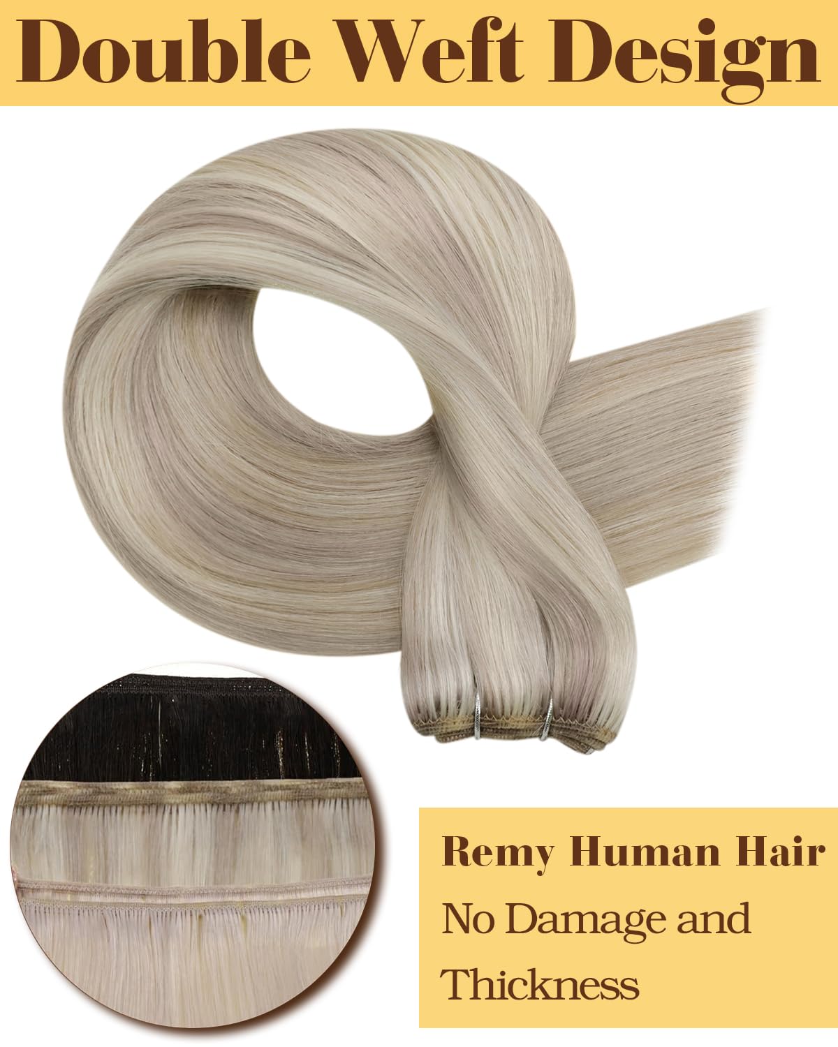 Hetto Weft Hair Extensions Real Human Hair Ash Blonde Highlights Light Blonde 18 Inch 100g - Salon Weft Hair Extensions Sew in Human Hair Wefts Hand-Tied, Durable for Full Head Styling #18/613 — view 2