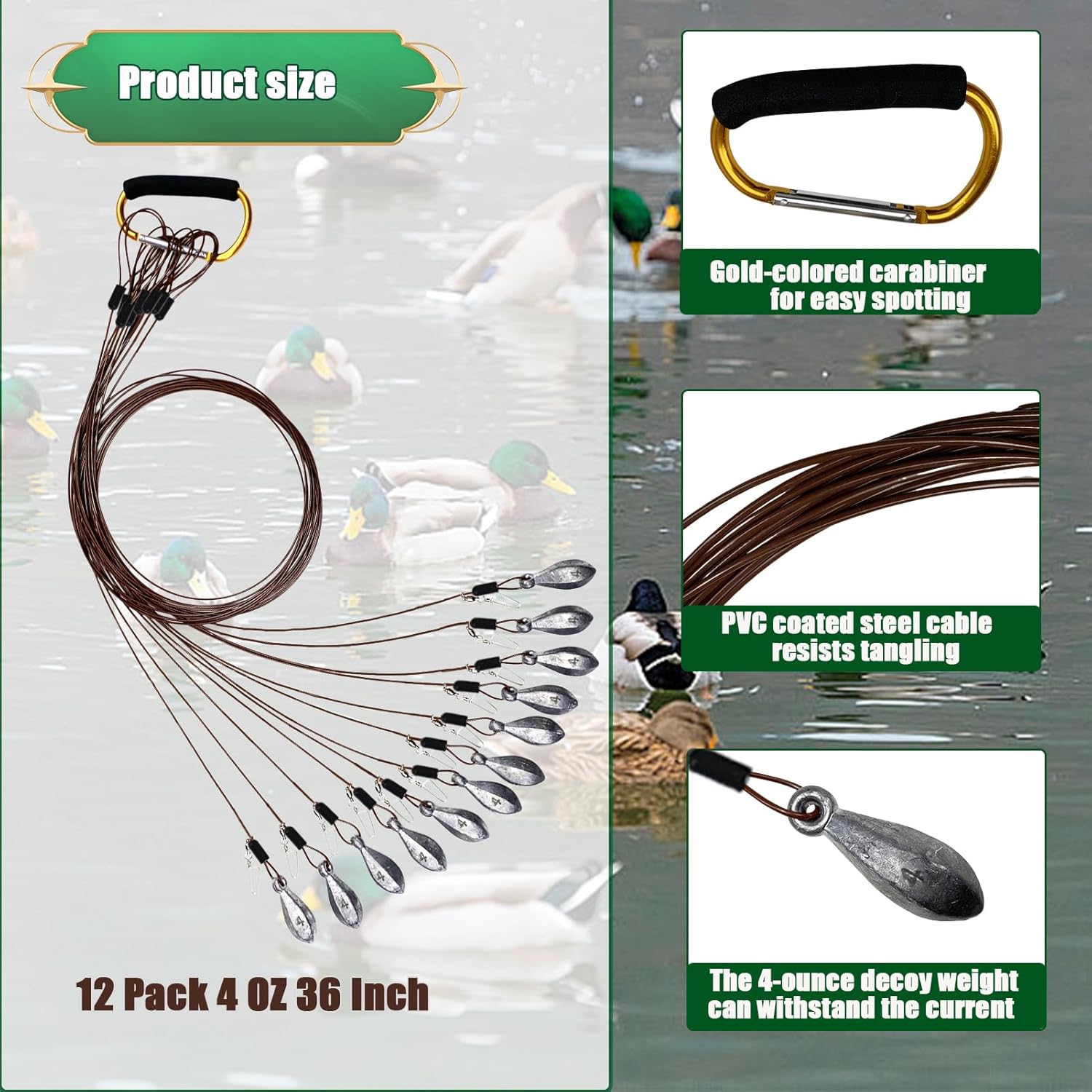 Texas Duck Decoy Rigs Weights Tangle Free Duck Hunting Decoy Rigs with A Large Gold Padded Carabiner, Waterfowl Decoy Rigs Anchors for Duck Hunting 12pack