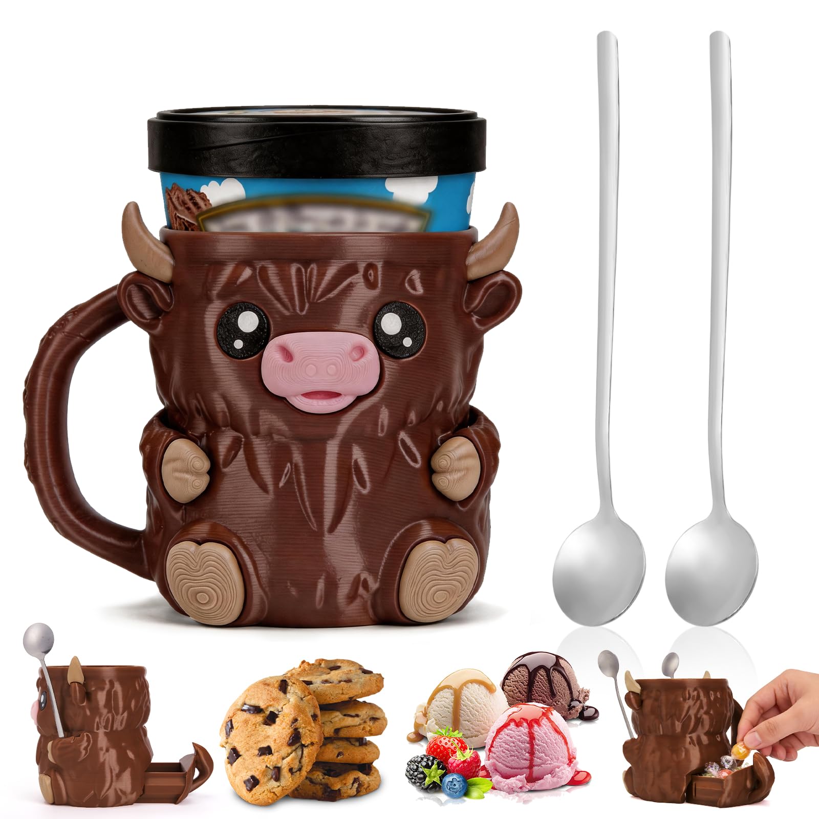 Ice Cream Pint Holder, Highland Cow Ice Pint Holder Cover with Handle, Cute Animal ICES Creams Cooler Container Leak Proof Popsicle Cozy Beer Can Cup, Highland Cow Lover Gifts (Brown)