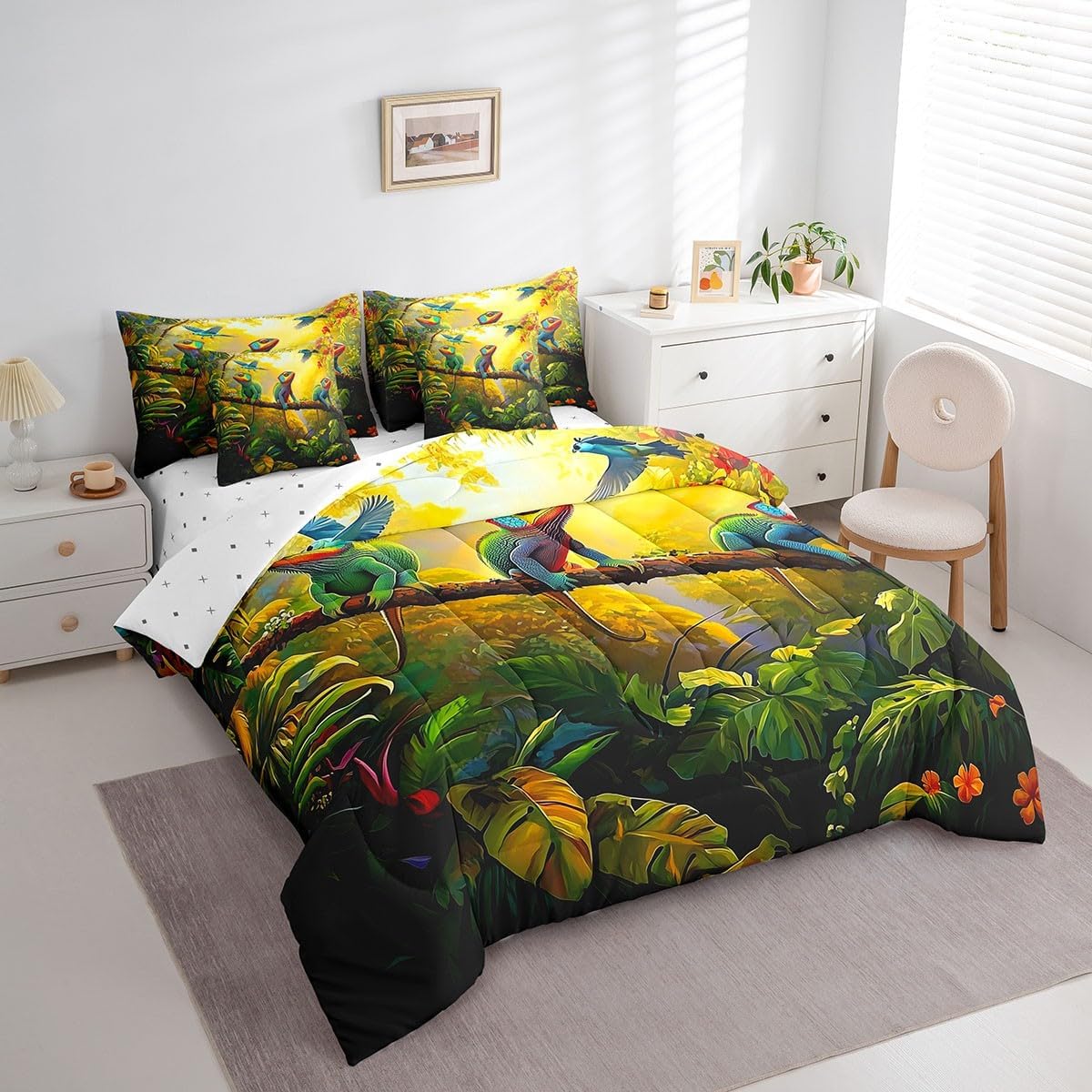 7 Pcs Chameleon Bedding Sets for Boys Girls Kids Green Banana Leaves Print Bed in a Bag Queen Colorful Chameleon Comforter Set with Sheets Rustic Farm Animal Chameleon Bed Set Wild Animal Sheet Set