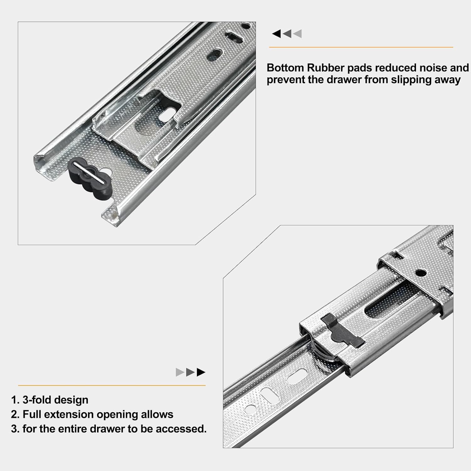 22 inch Drawer Slides 4 Pairs (8pcs) Full Extension Ball Bearing Drawer Slide 3 fold Full Stretch Side Mount Drawer Slides 100 LB Capacity Drawer Slide 22" Silver