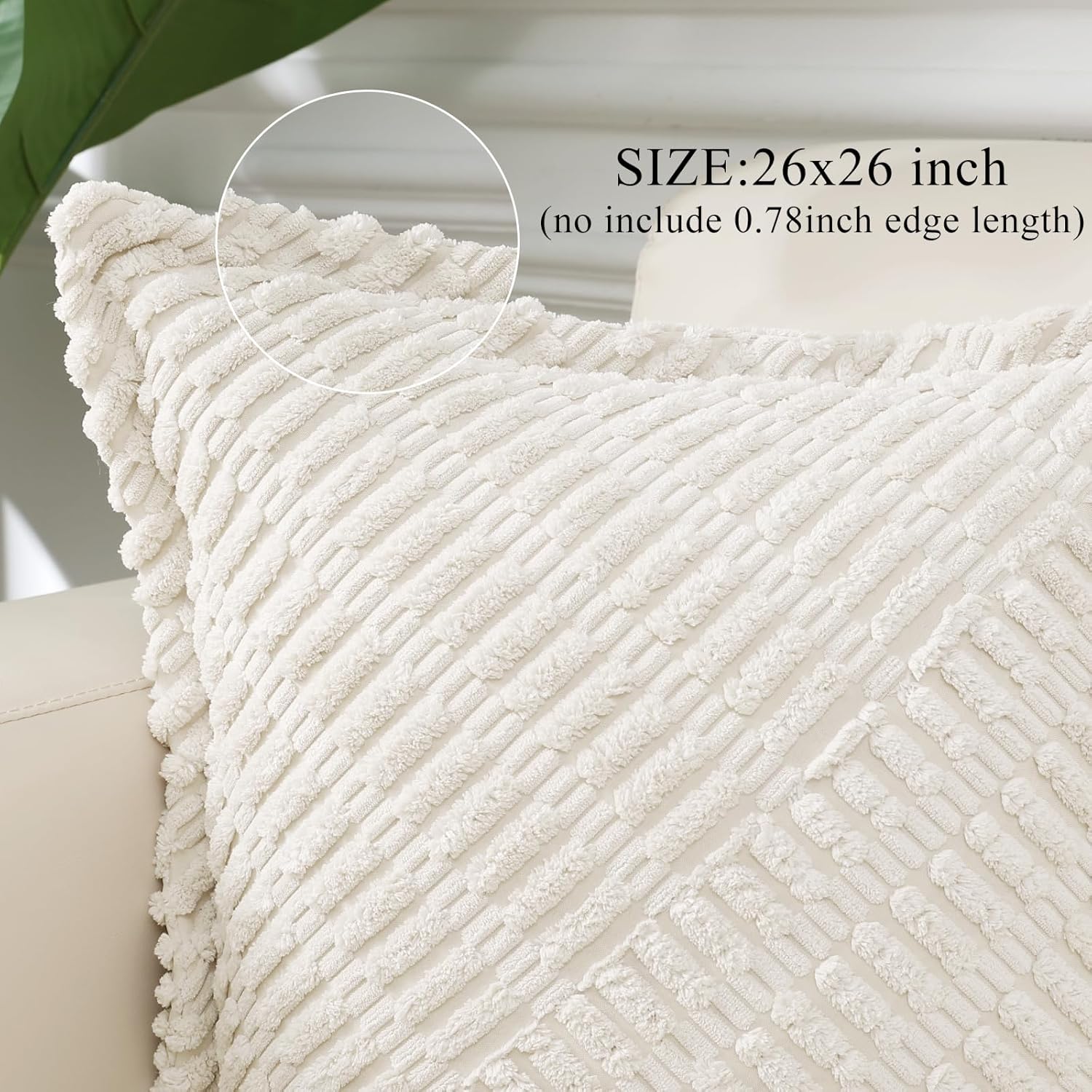 decorUhome Decorative Cream White Throw Pillow Covers 26x26 Set of 2 with Splicing, Boho Soft Corduroy Broadside Twill Spring Pillow Covers for Couch Bed Sofa Living Room