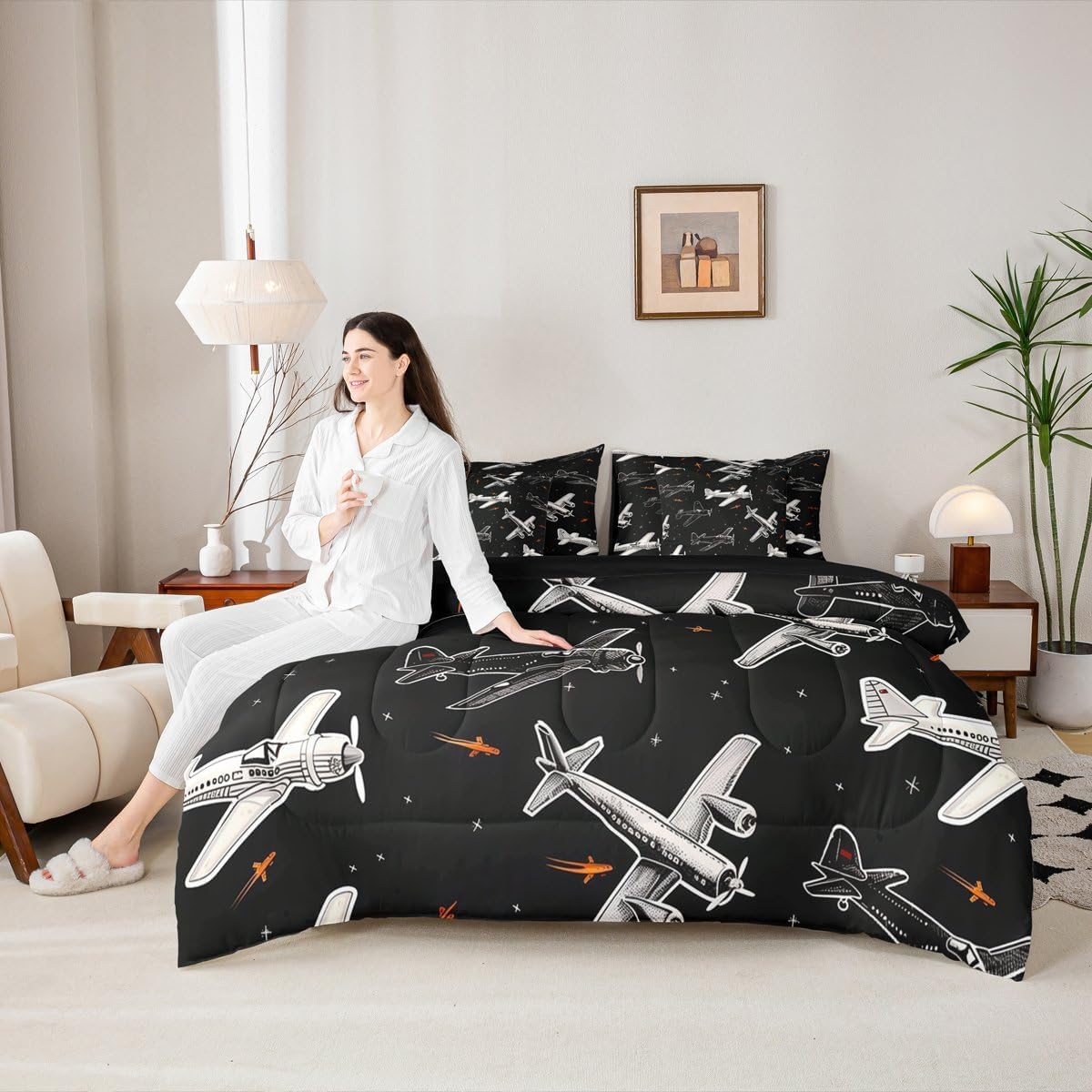 Erosebridal Boys Cartoon Airplane Twin Bed in A Bag, Black and White Comforter Set with Sheets, Modern Aircraft 7 Pcs Bedding Set, Aviation Theme Bed Sets for Kids Men Bedroom Decor