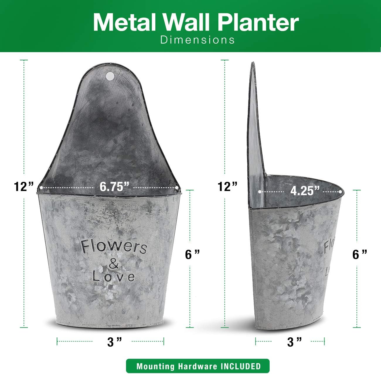 Sorbus Metal Wall Pocket Planter - Half Round Galvanized Decor - Wall Flower Holders Hanging Planters, Vintage Rustic Farmhouse Style