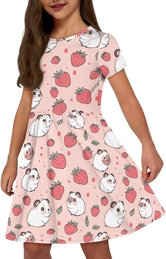 Girls Short Sleeve Dresses with Pockets Cute Dresses for Girls 3-16 Years Old