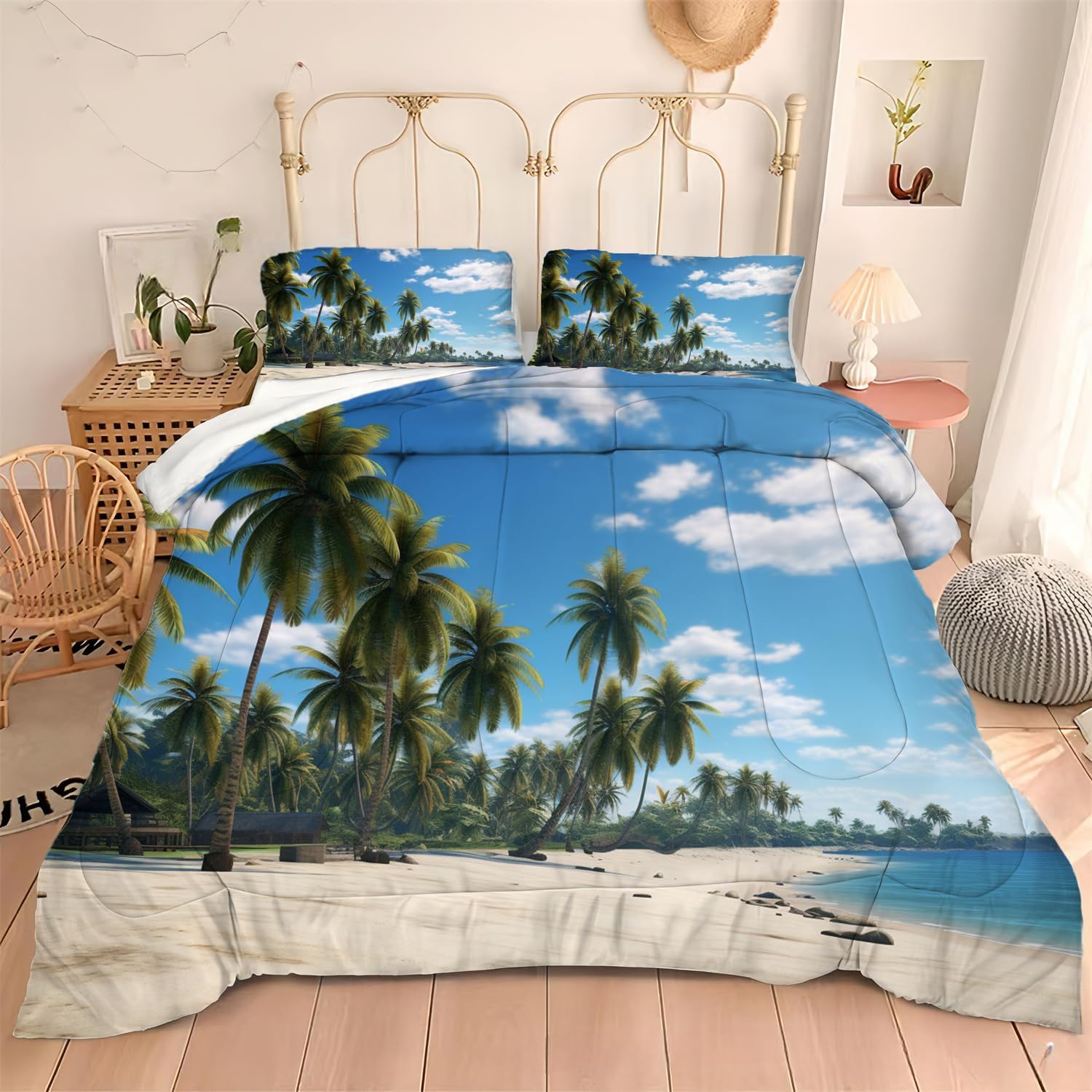 Albideyaa Queen Size Beach Bedding Set Tropical Plam Trees Ocean Quilt Set Sunny Beach Coastal Nature Theme Comforter Set Natural Scenery Print Duvet Set with 2Pillowcases