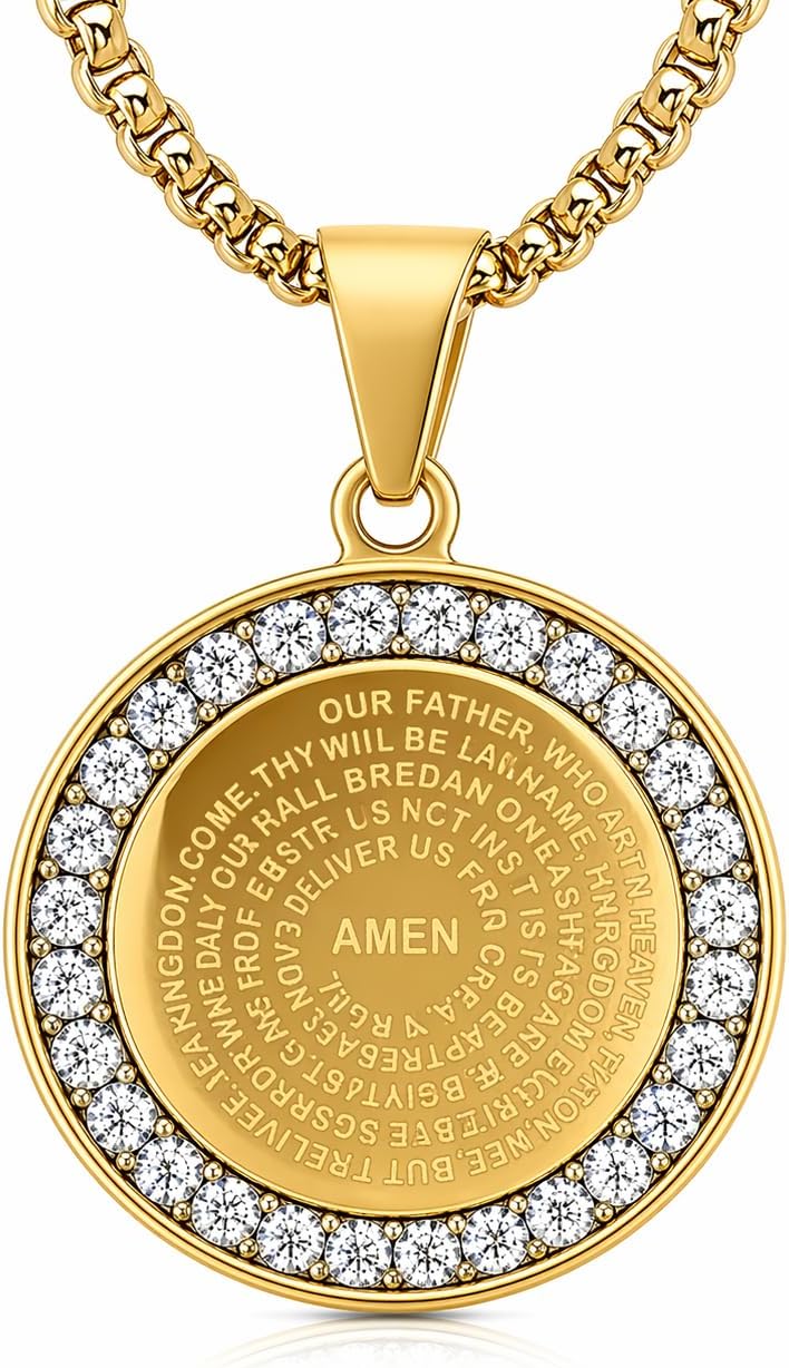 Steeltime Stainless Steel Lords Prayer Necklace with Simulated Diamonds