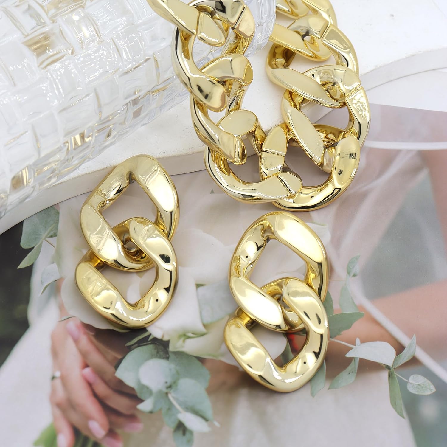 Gold Chunky Jewelry Set for Women Punk Gold Plated Cuban Link Chain Necklace Earrings Set Thick Wide Acrylic Chain Choker Drop Dangle Earrings Gifts - Image 6