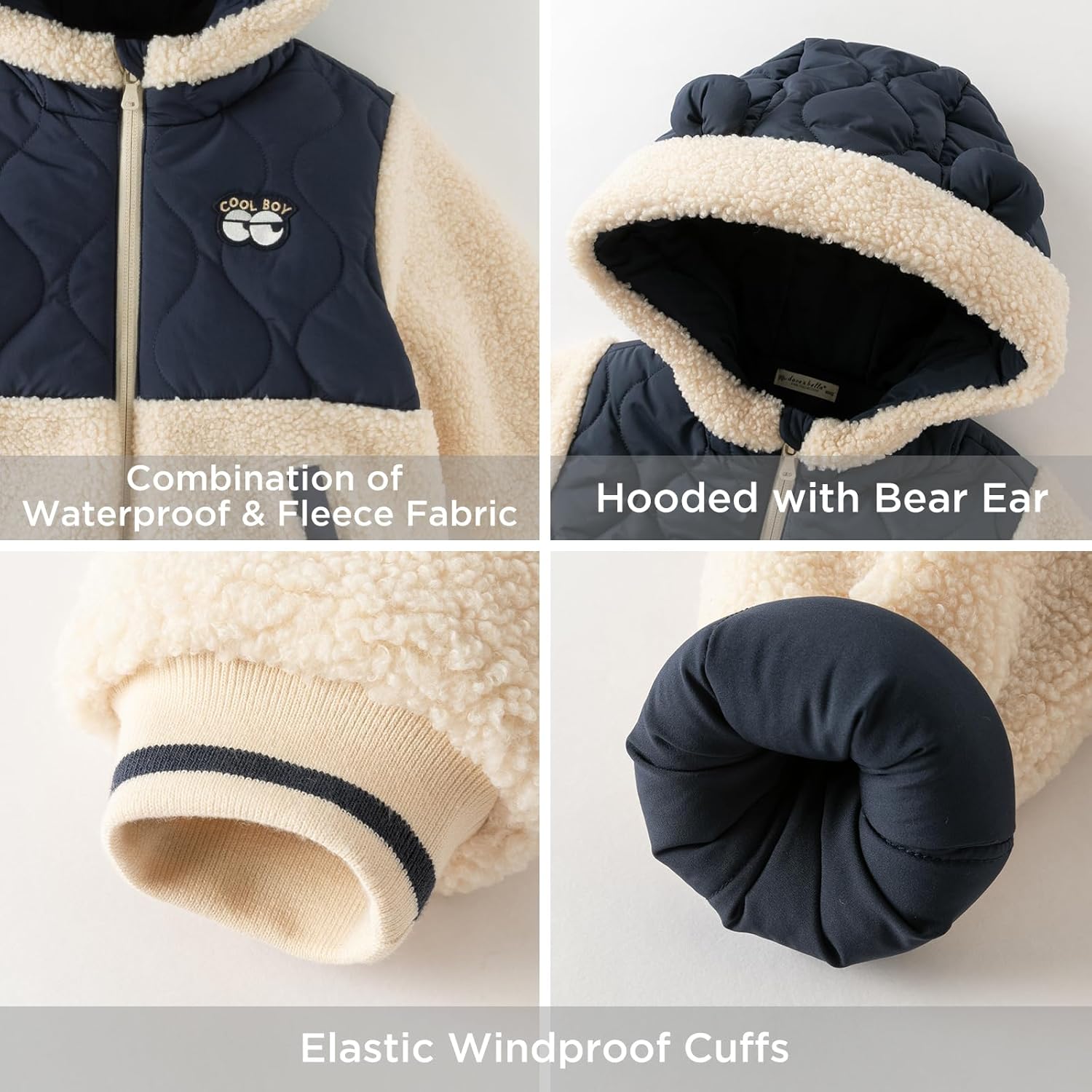 DAVE&BELLA Toddler Boys Winter Coats, Warm Windproof Puffer Jacket Bear Hooded Patchwork Sherpa Fleece Jacket Baby Outerwear