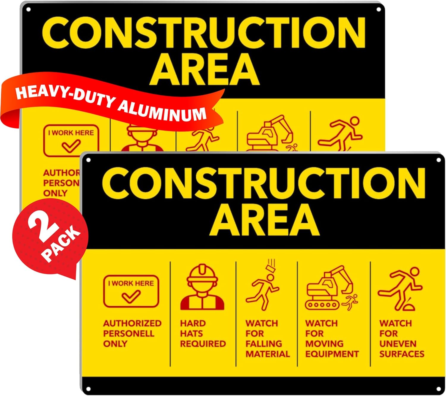 Performore 2 Pack of Construction Area Sign 18" X 12" Yellow Painted Heavy Duty Aluminum with Post Safety Instructions for Workers on Construction Site, Authorized Personnel Only Sign