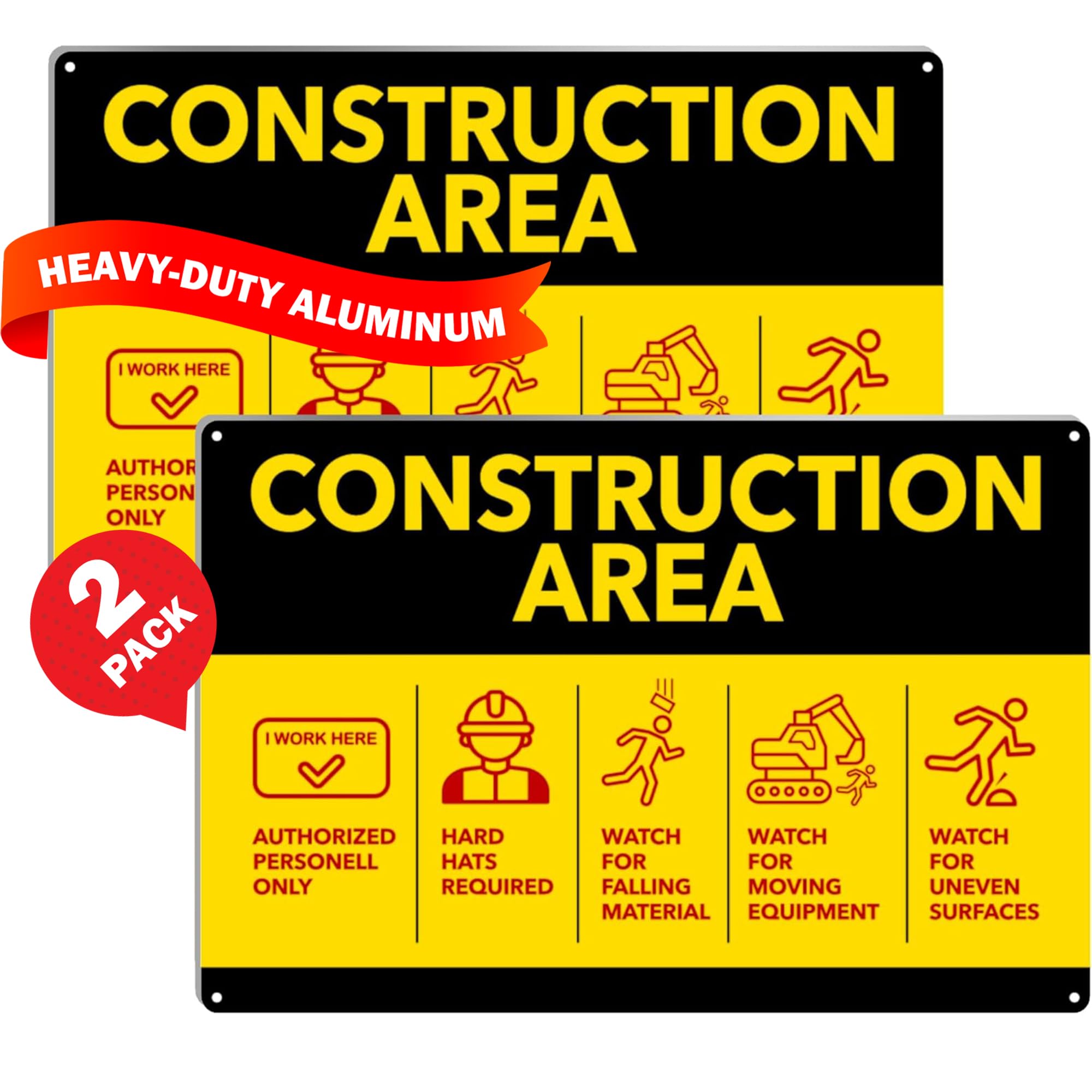 Performore 2 Pack of Construction Area Sign 18" X 12" Yellow Painted Heavy Duty Aluminum with Post Safety Instructions for Workers on Construction Site, Authorized Personnel Only Sign