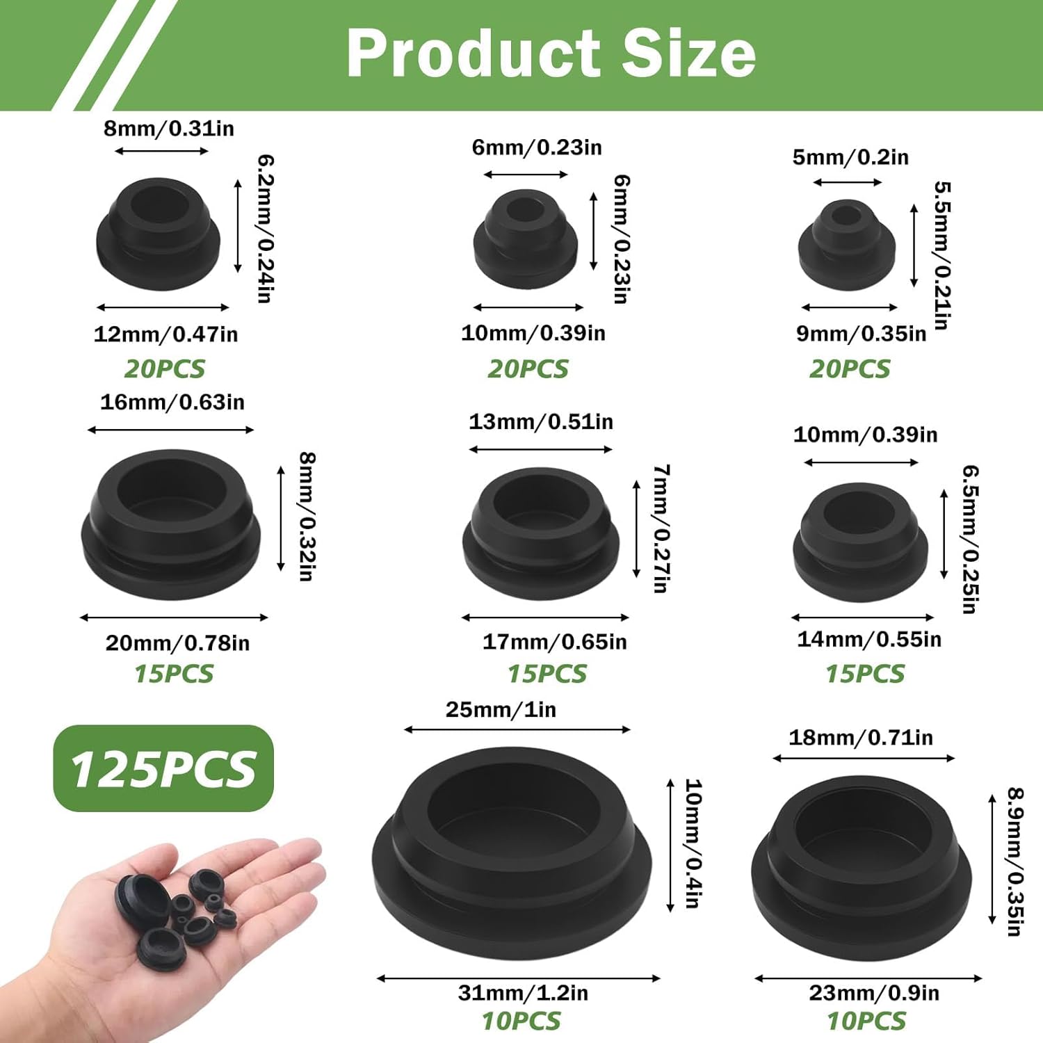 125PCS Black Rubber Hole Plugs for Round Holes Silicone Plugs, 8 Sizes 1" 3/4" 5/8" 1/2" 3/8" 5/16" 1/4" 1/5" Assorted Rubber Holes Plug for Furniture