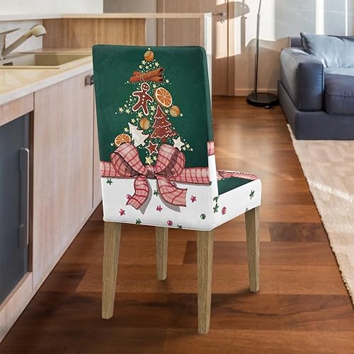 Miniatura 7 de Rnyleeg Juego de 6 fundas para sillas de comedor de Navidad, diseño de árbol de vacaciones, color verde oscuro, para sala de estar, sin brazos,