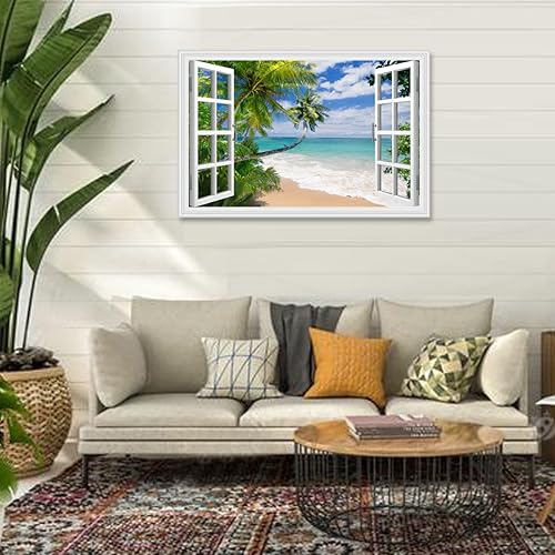 Miniatura 2 de Woxfcart Cuadro de playa en lienzo para pared, ventana abierta, escena del océano, paisaje natural para decoración del hogar azul y verde azulado,