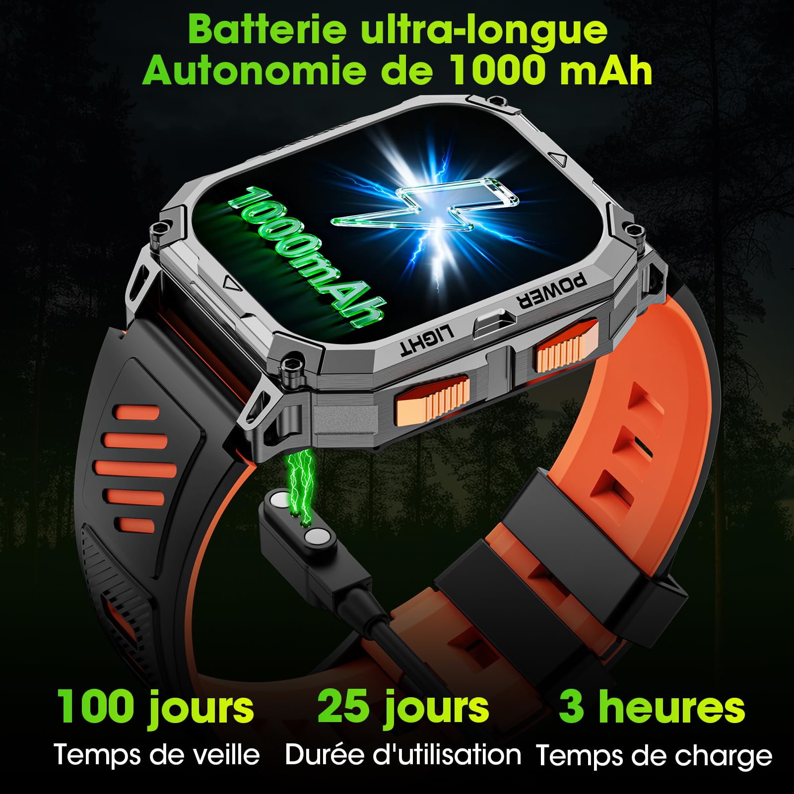 Montre Connectée Homme 2,01" HD Écran Smartwatch, 1000 mAh Batterie et 120+ Modes Sportifs, Montre Connectée Militaire avec Fréquence Cardiaque/Sommeil Moniteur et Lampe De Poche pour Android iOS