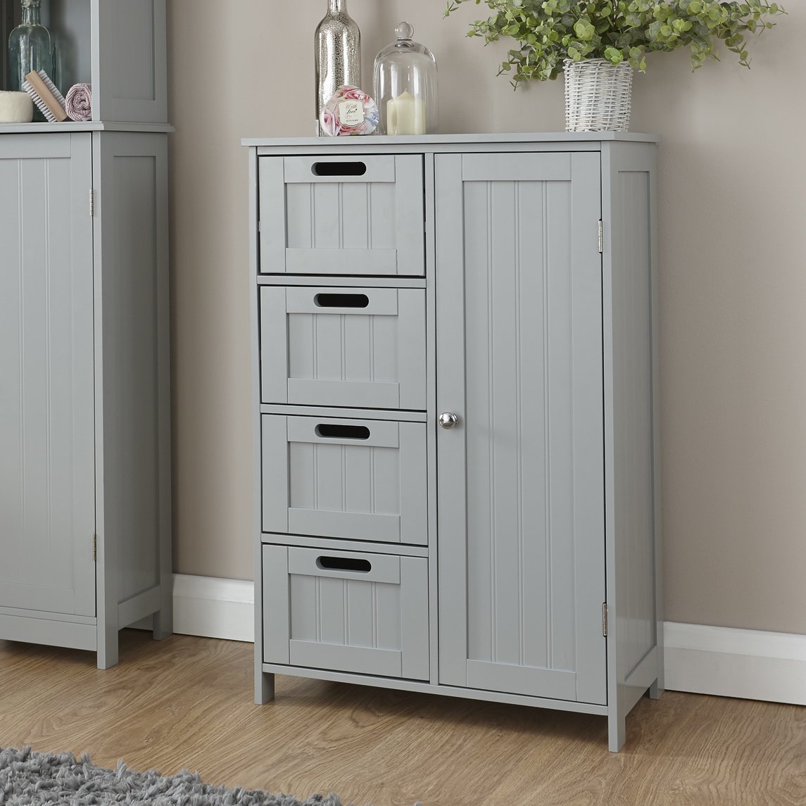 GFW Grey Colonial Floor Cabinet - 4 Drawer - Single Door - Bathroom Storage