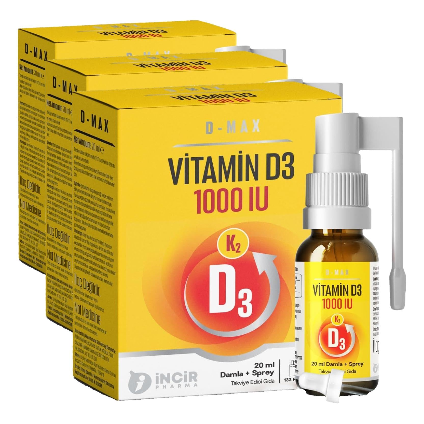 D-Max Plus Vitamin D3 + K2 1000 IU Damla ve Sprey (3 paketi)