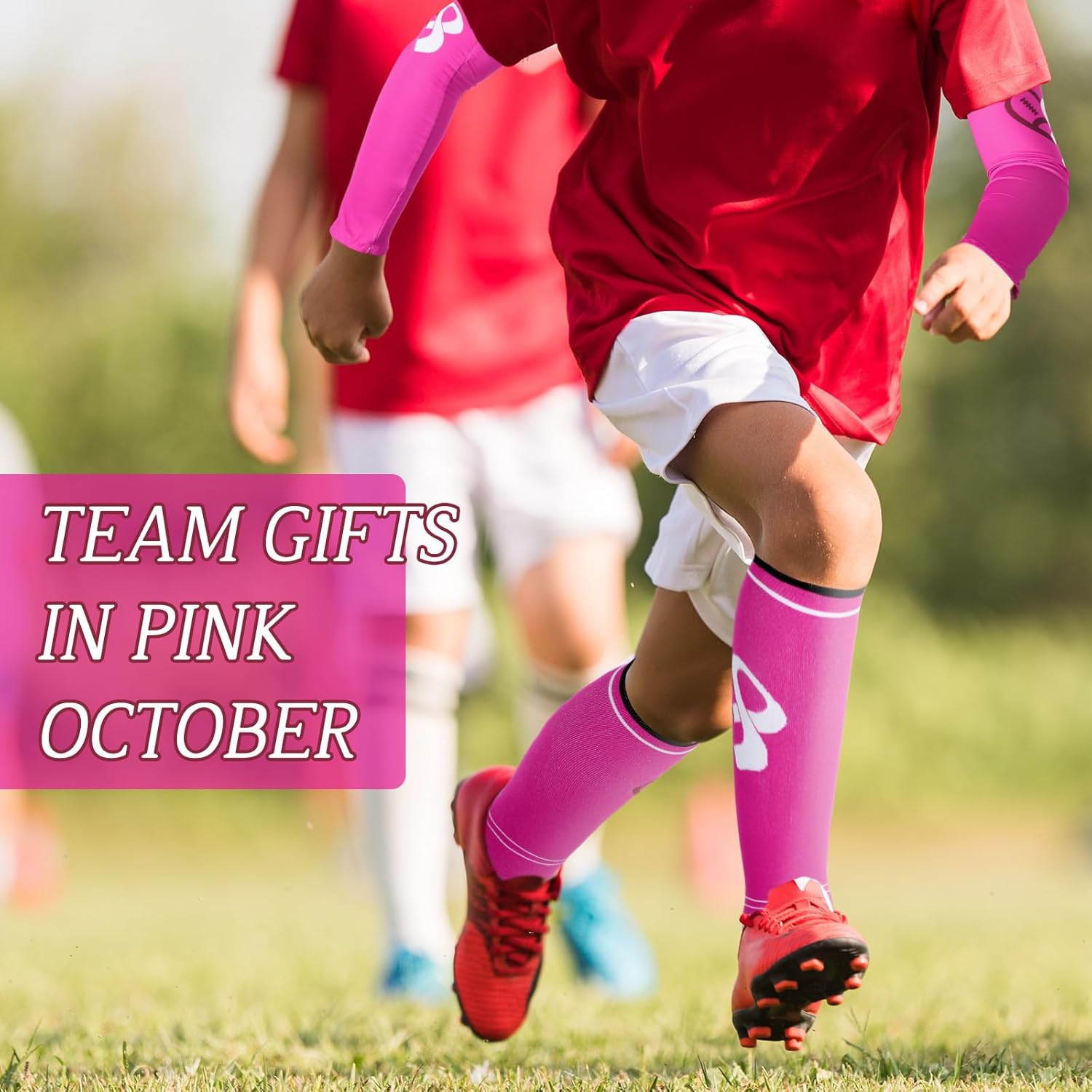 Cozypower 12 Pairs Breast Cancer Awareness Sleeves and Socks Pink Ribbon Football Arm Sleeves Knee High Socks for Youth Sport