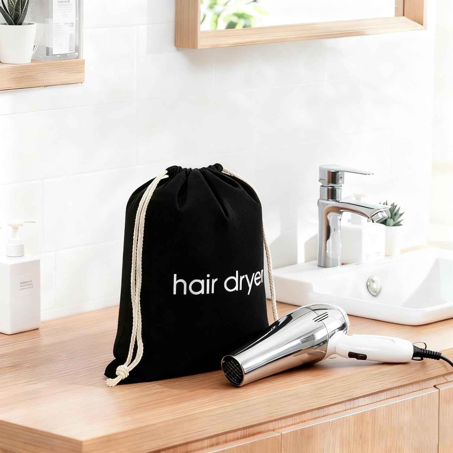 Hair Dryer Bag Drawstring Blow Dryer Bag Hairdryer Bag for Travel and Bathroom, Hair Dryer Case, Dust Storage (Black)