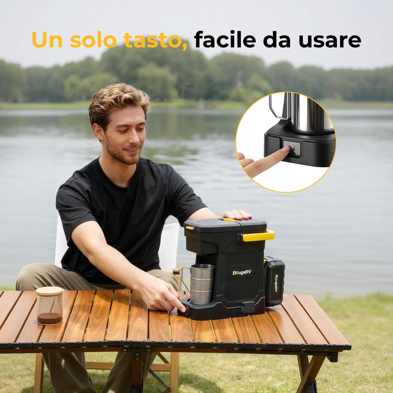 BougeRV Macchina da Caffè a Batteria 144Wh (8Ah), da Campeggio | AC 230V, 6 Tazze da 240ml, Caffettiera Portatile per Caffè Macinato e Cialde, Coffee Maker per Cantiere, Camion e Camper