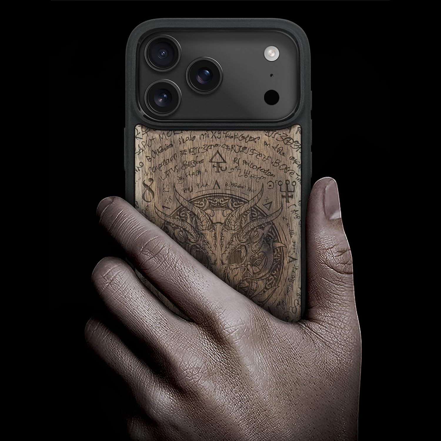 Carveit Magnetic Wooden Case for iPhone 17 Pro Case, Wood Artisan Engraved & Black Soft TPU Shockproof Cover, Compatible with MagSafe Wireless Chargers (Dragon Skull) Walnut