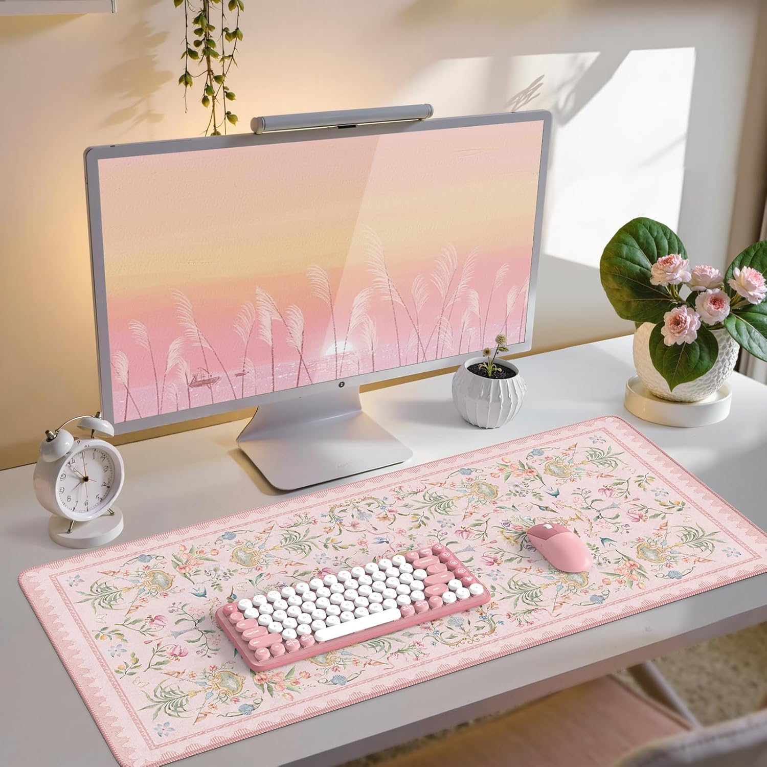 iCasso Pink Desk Cover Mat,Big Mouse Pad for Laptop,Aesthetic Computer Pad with Stitched Edges,Non Slip Keyboard Mat for Desktop,Cute Floral Desk Protector for Office Home Dorm