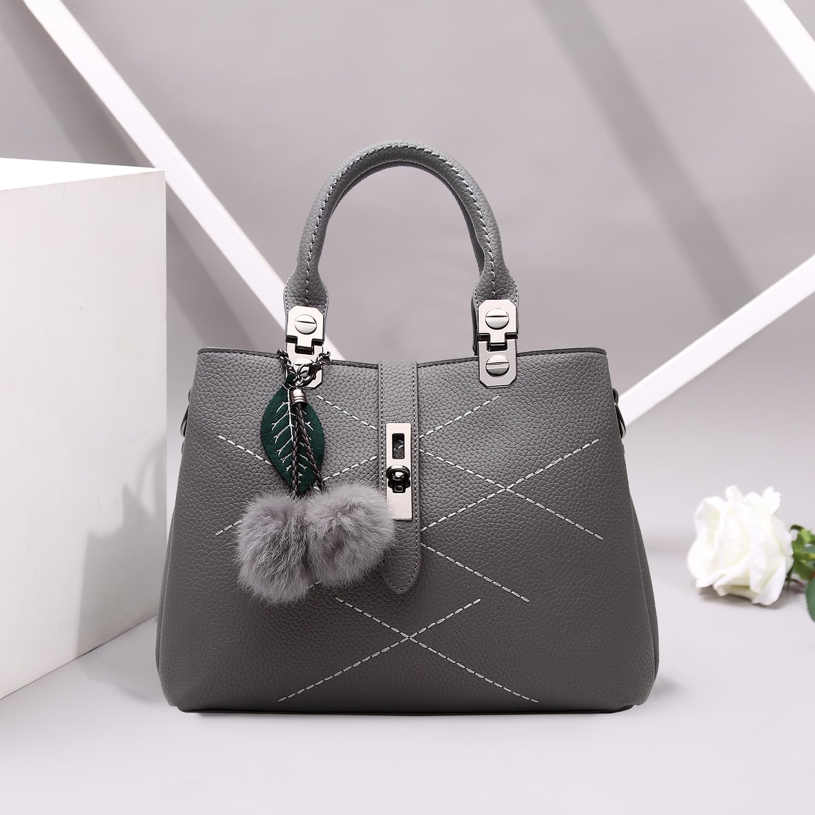 NICOLE & DORIS 2024 Nouveau Sac à Main Femme Sacs Portés Main Mode Sac Bandoulière Élégant Sac Epaule Sacoche Femme Sac à Poignée Supérieure avec Pom Poms